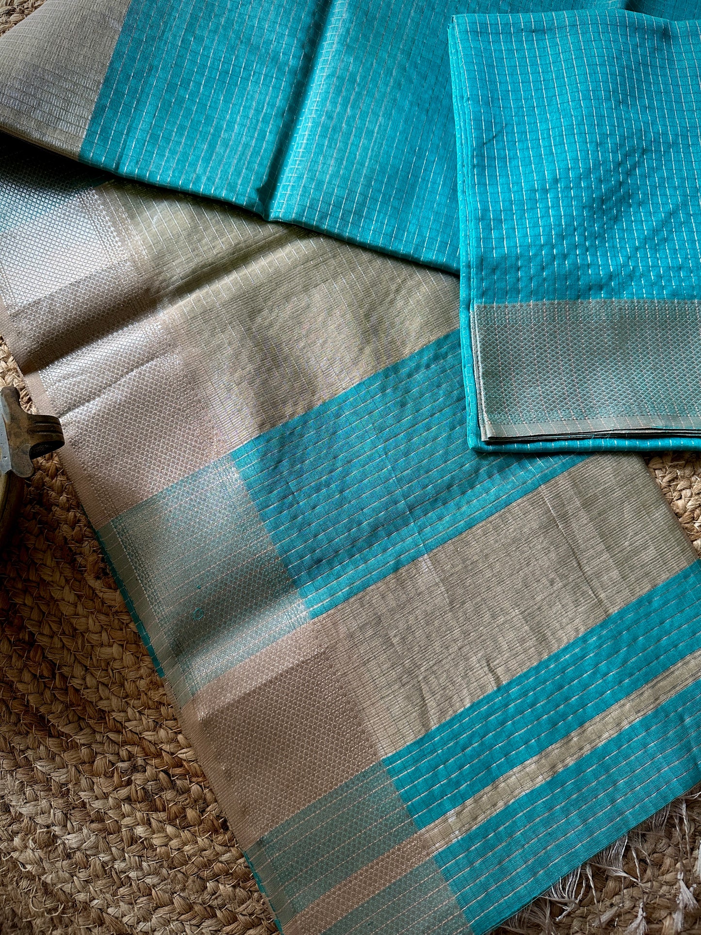 Maheshwari Teal Blue ~ Silver Zari Checkered Silk Saree