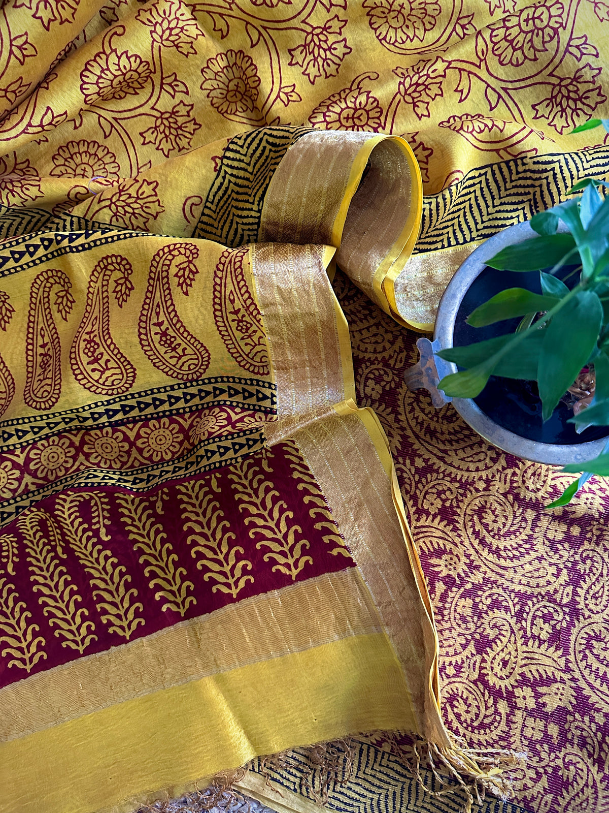 Maheshwari Tissue Red Yellow Bagh Print Suit