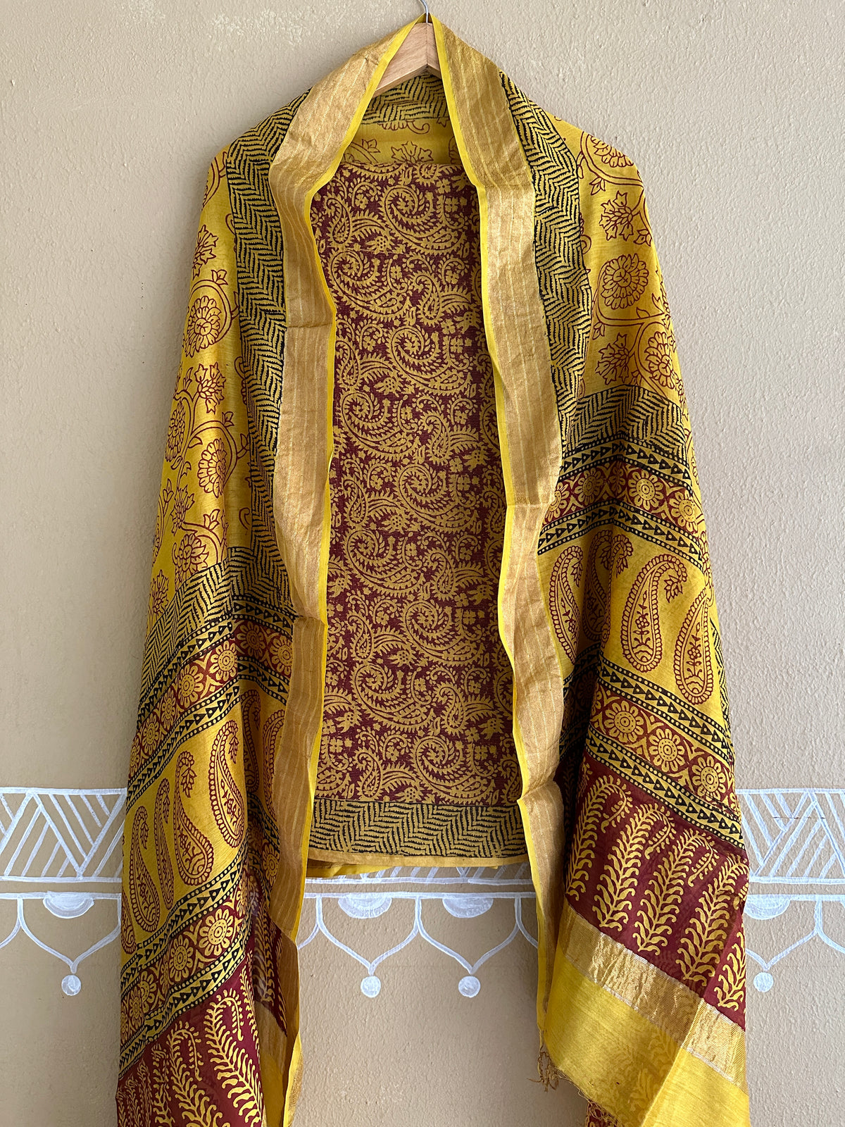 Maheshwari Tissue Red Yellow Bagh Print Suit