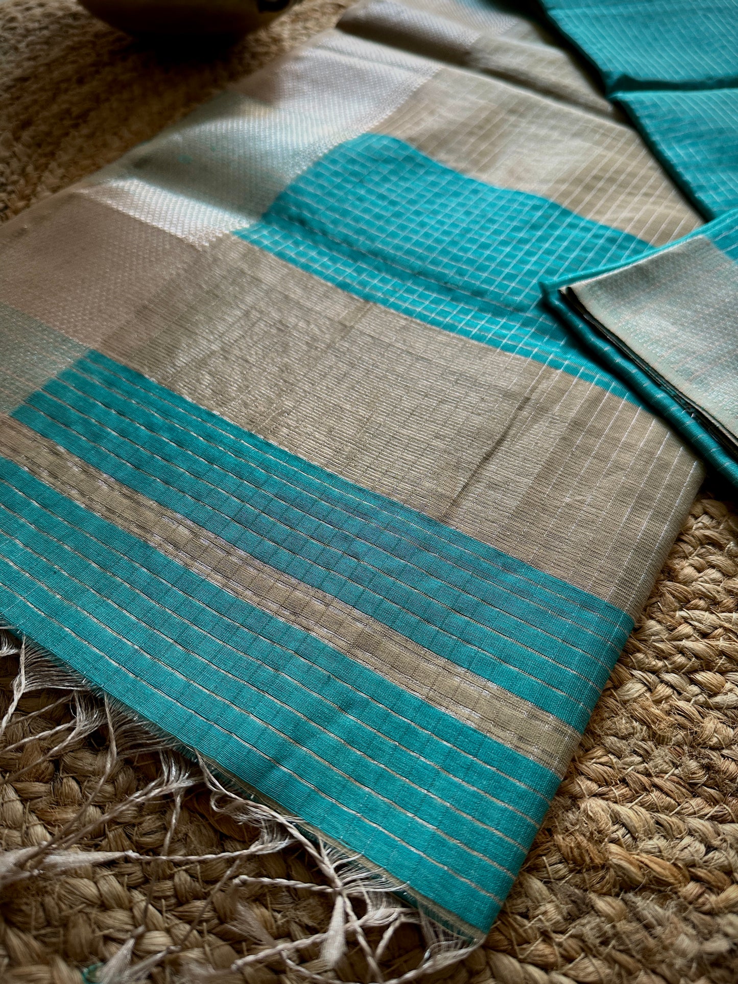 Maheshwari Teal Blue ~ Silver Zari Checkered Silk Saree