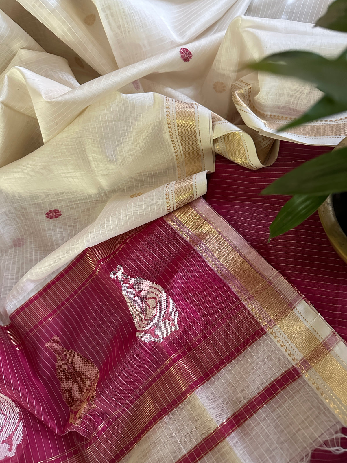 Maheshwari Hot Pink - White Motifs Top Dupatta Sets