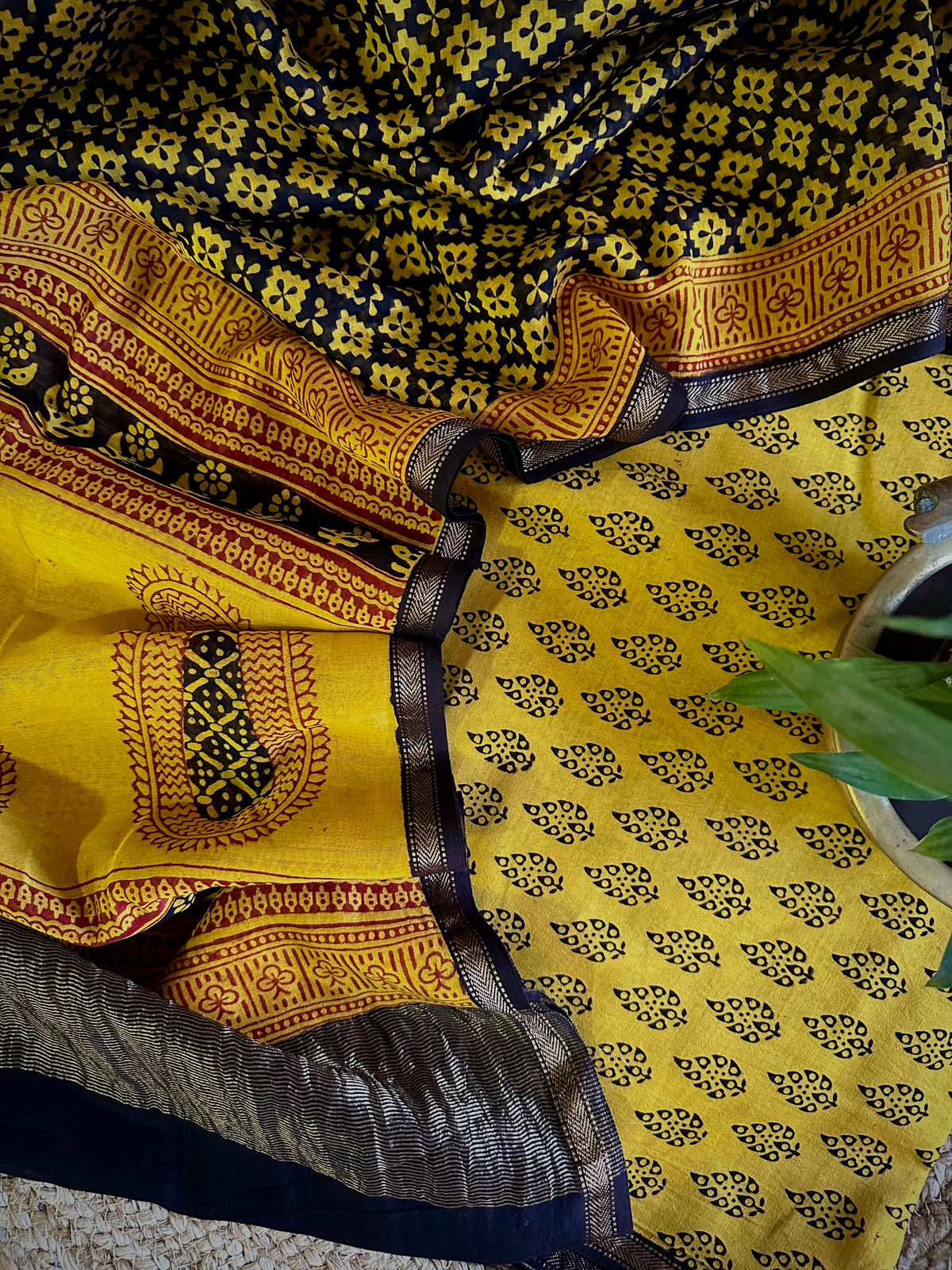Maheshwari Yellow Black Mustard Bagh Print Suit
