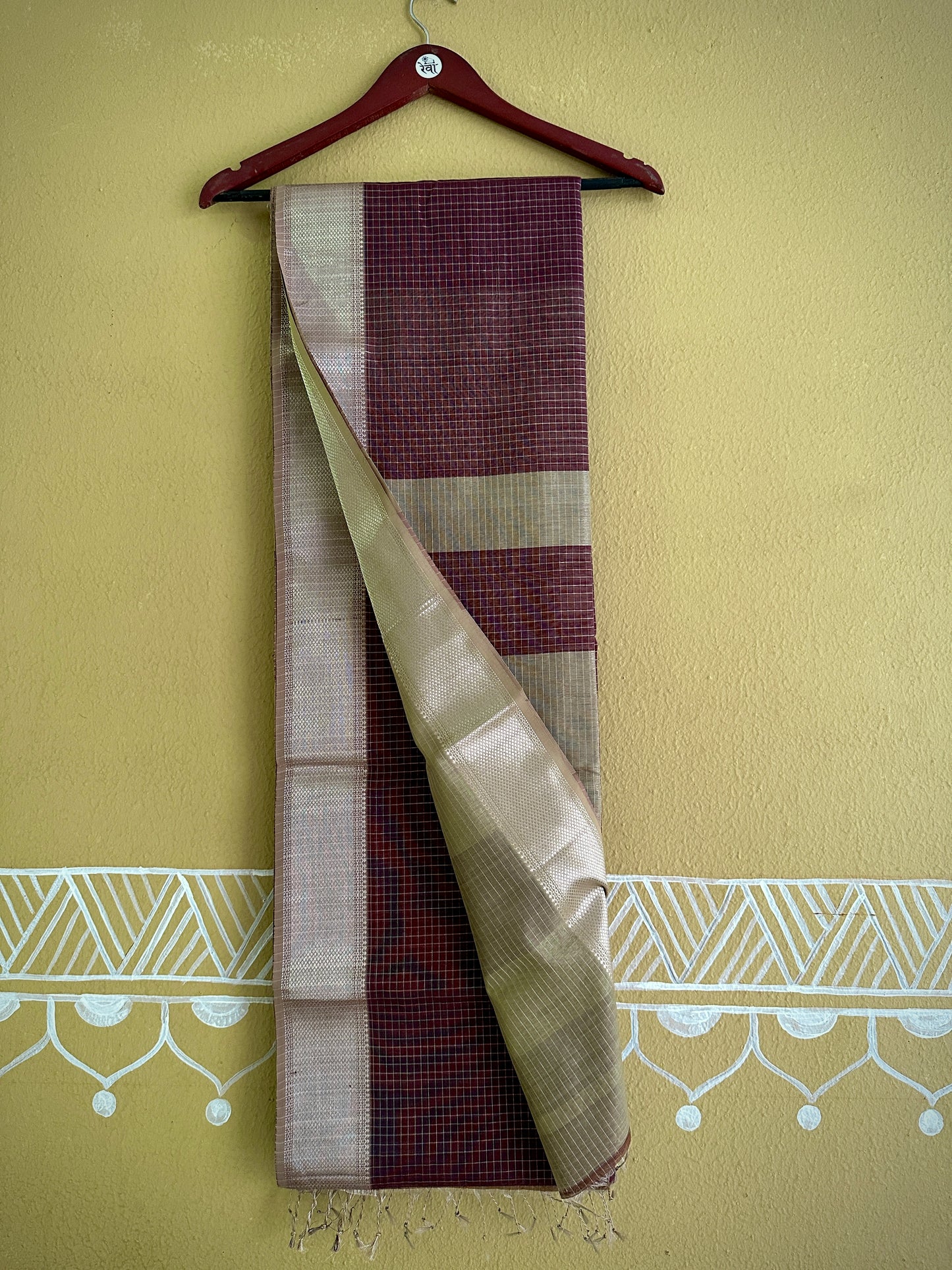 Maheshwari Wine ~ Silver Zari Checkered Silk Saree