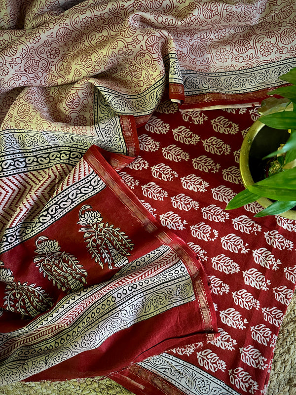 Maheshwari Red White Bagh Print Suit