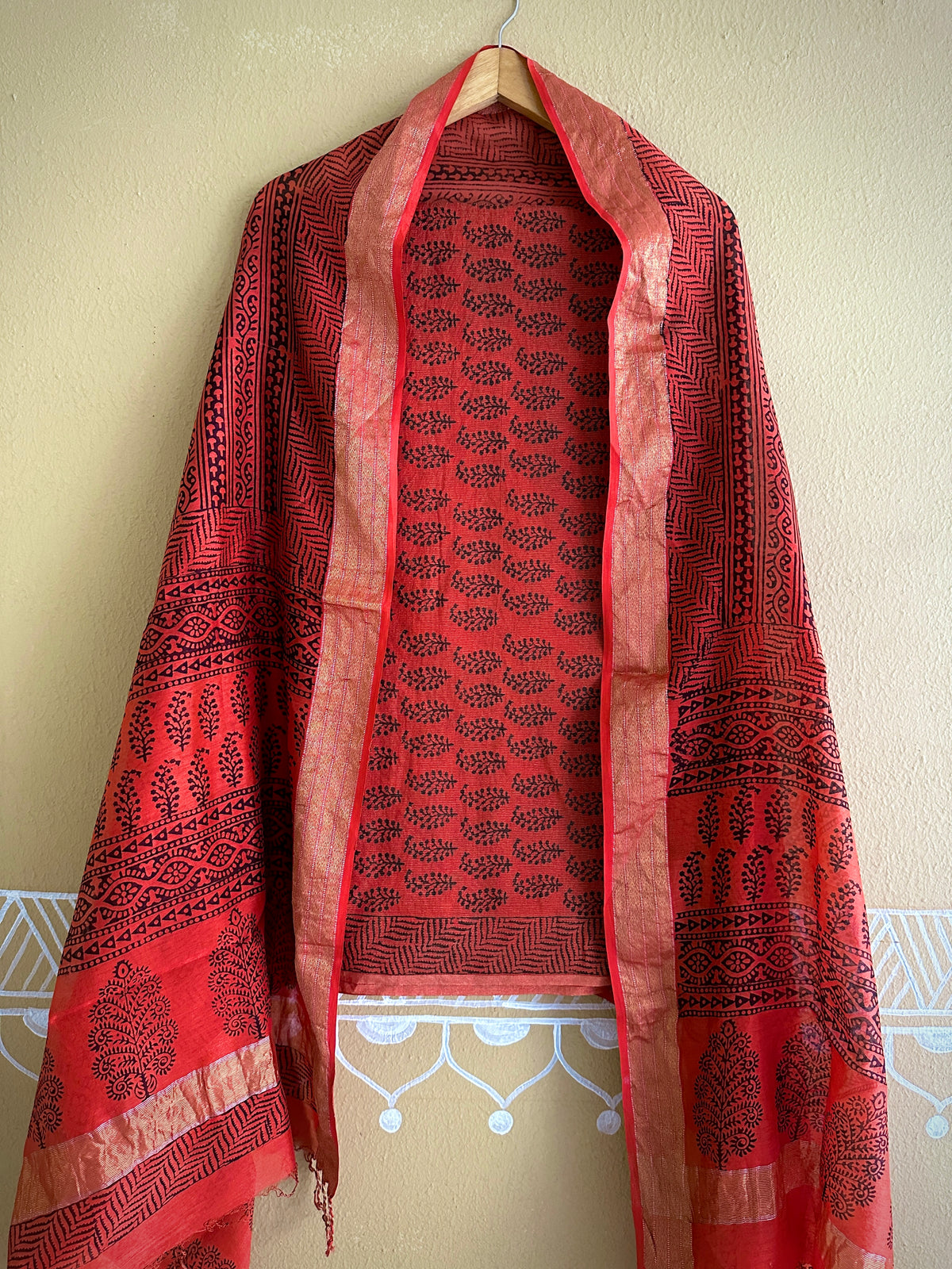 Maheshwari Tissue Black Rust Bagh Print Suit