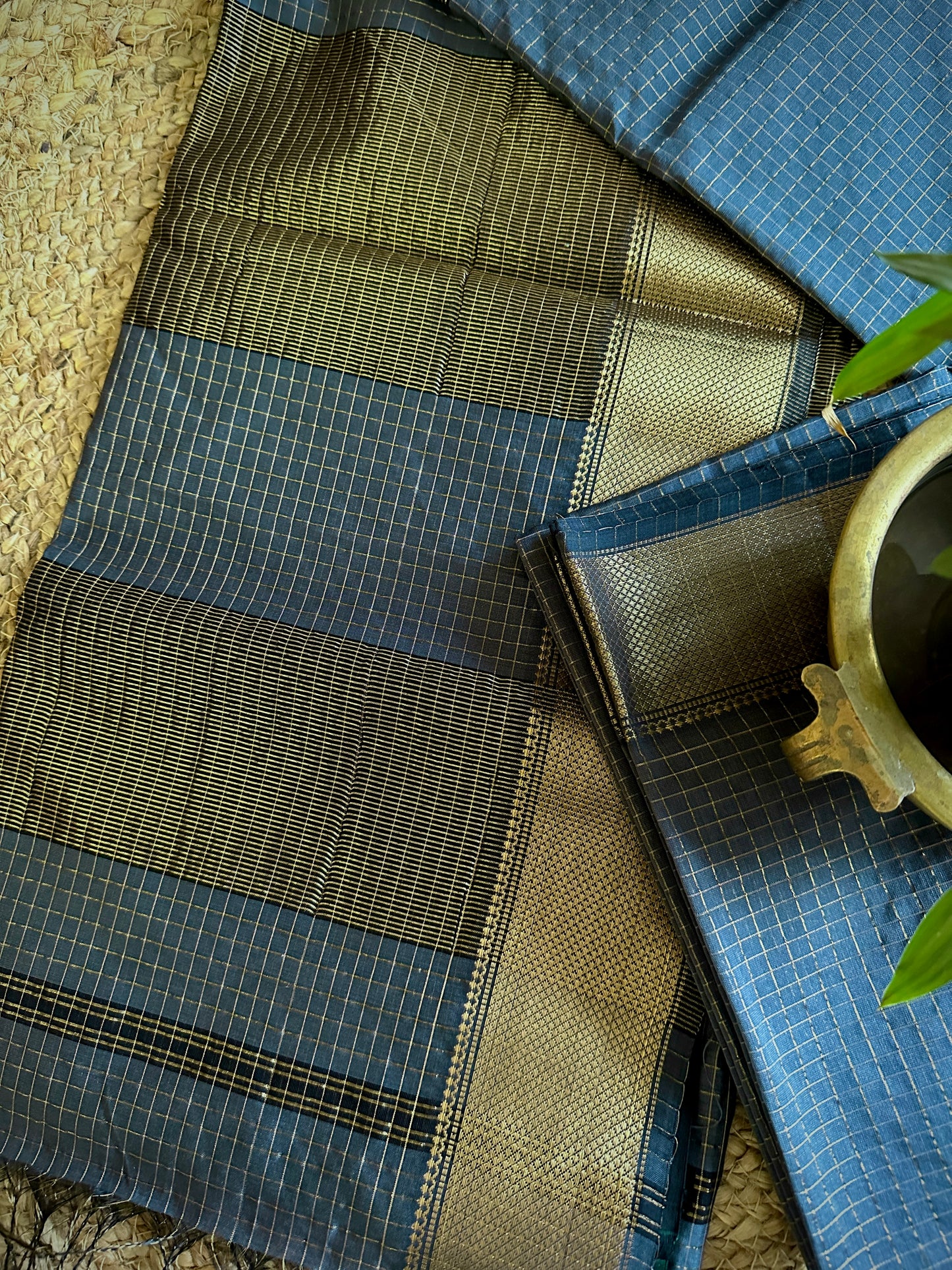 Maheshwari Ink Blue Zari Checkered Sarees