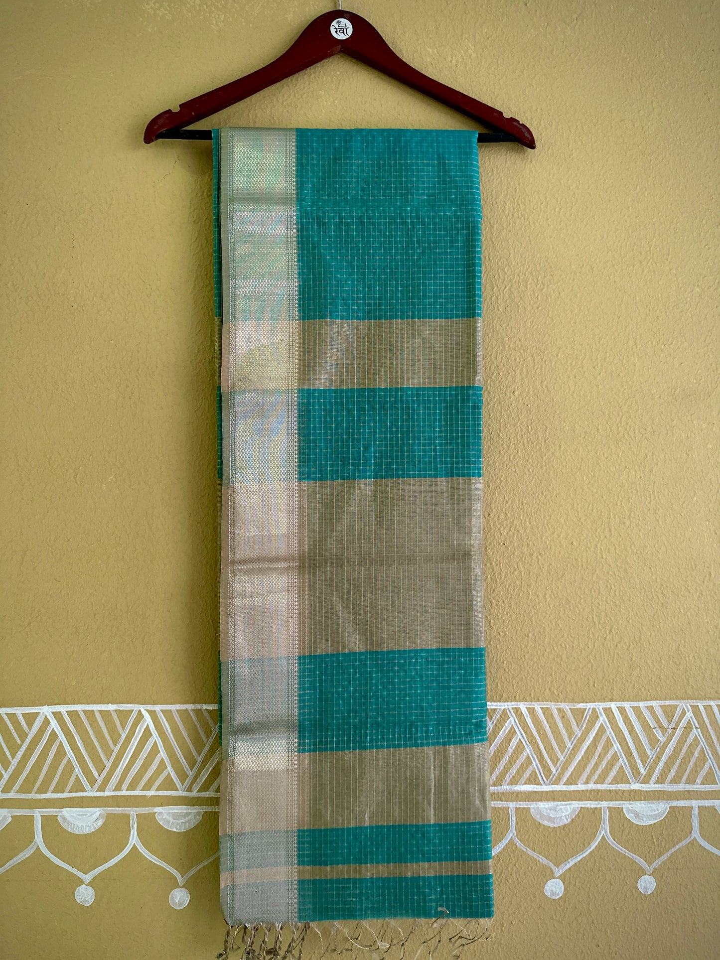Maheshwari Teal Blue ~ Silver Zari Checkered Silk Saree