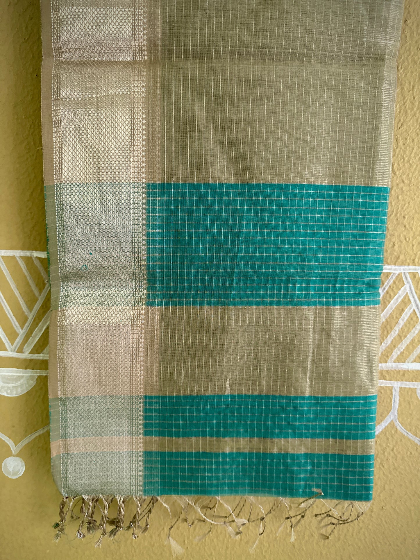 Maheshwari Teal Blue ~ Silver Zari Checkered Silk Saree