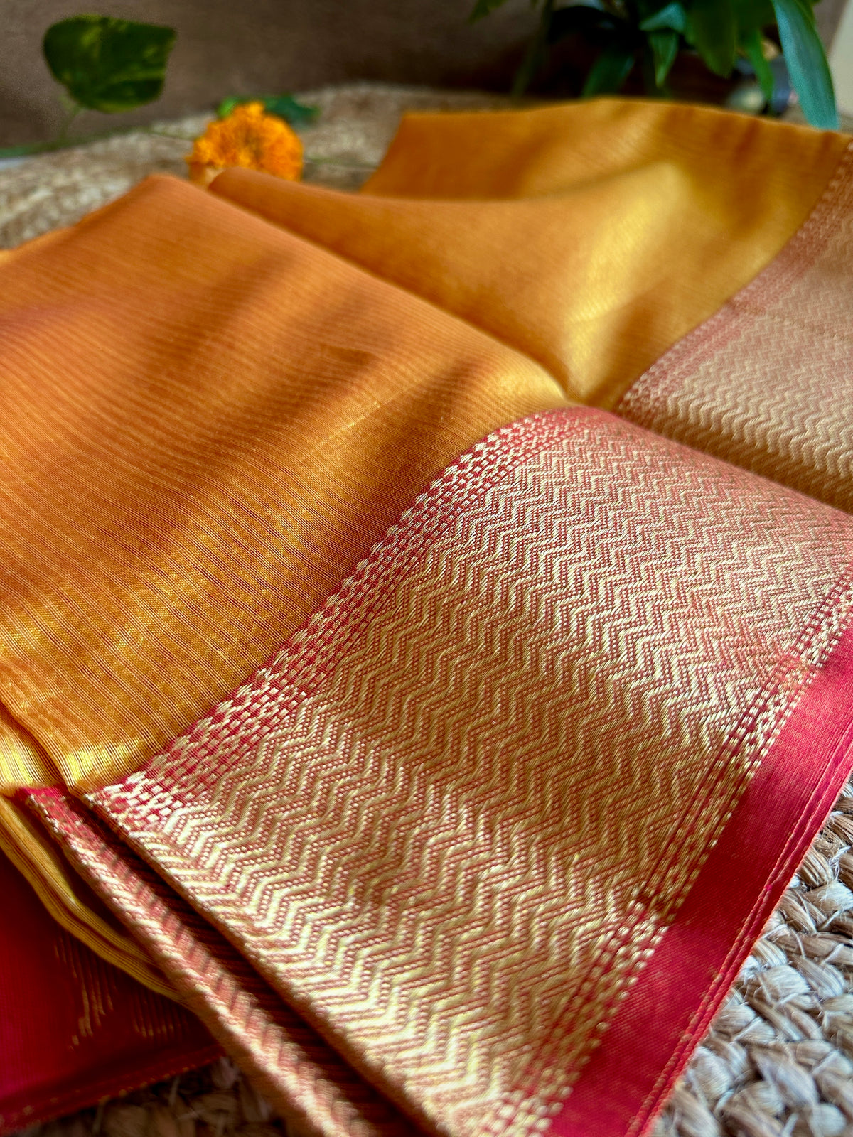 Maheshwari 75 Silk Marigold Yellow Saree