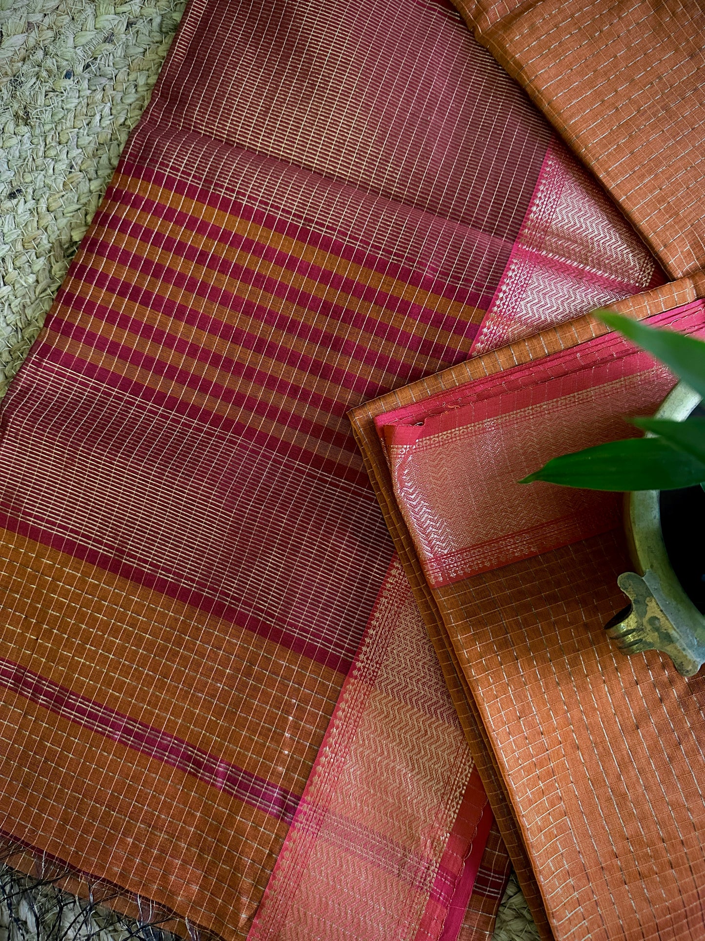 Maheshwari Rust Orange Zari Checkered Sarees