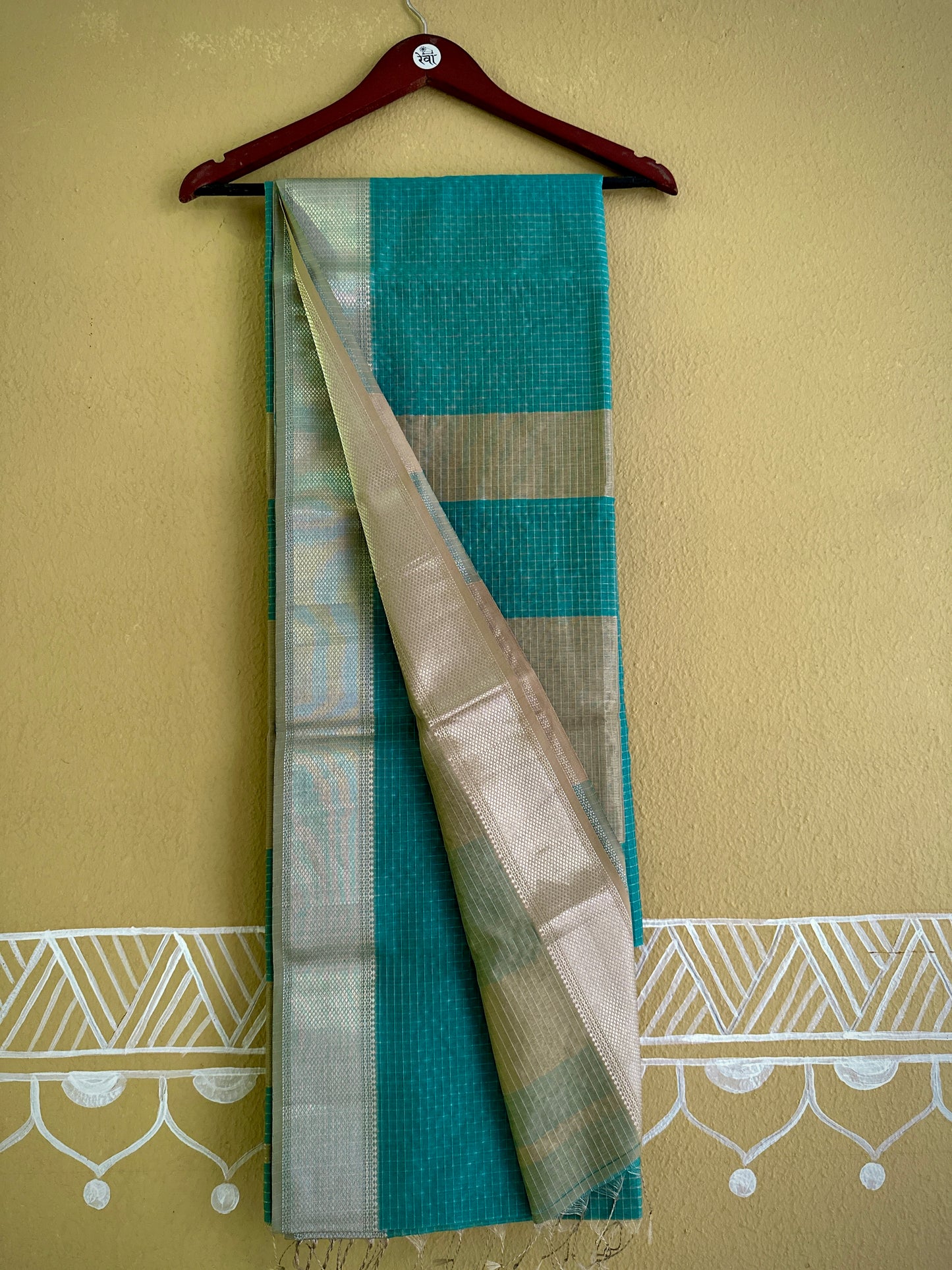 Maheshwari Teal Blue ~ Silver Zari Checkered Silk Saree