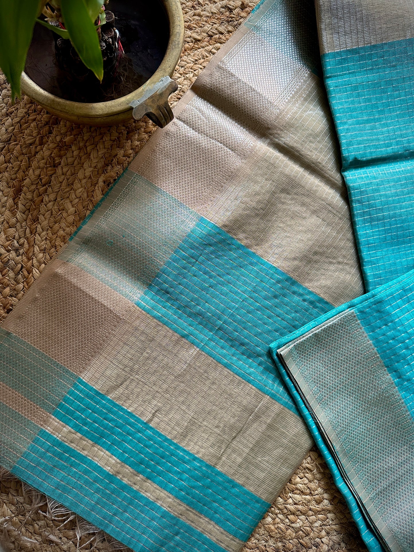 Maheshwari Teal Blue ~ Silver Zari Checkered Silk Saree