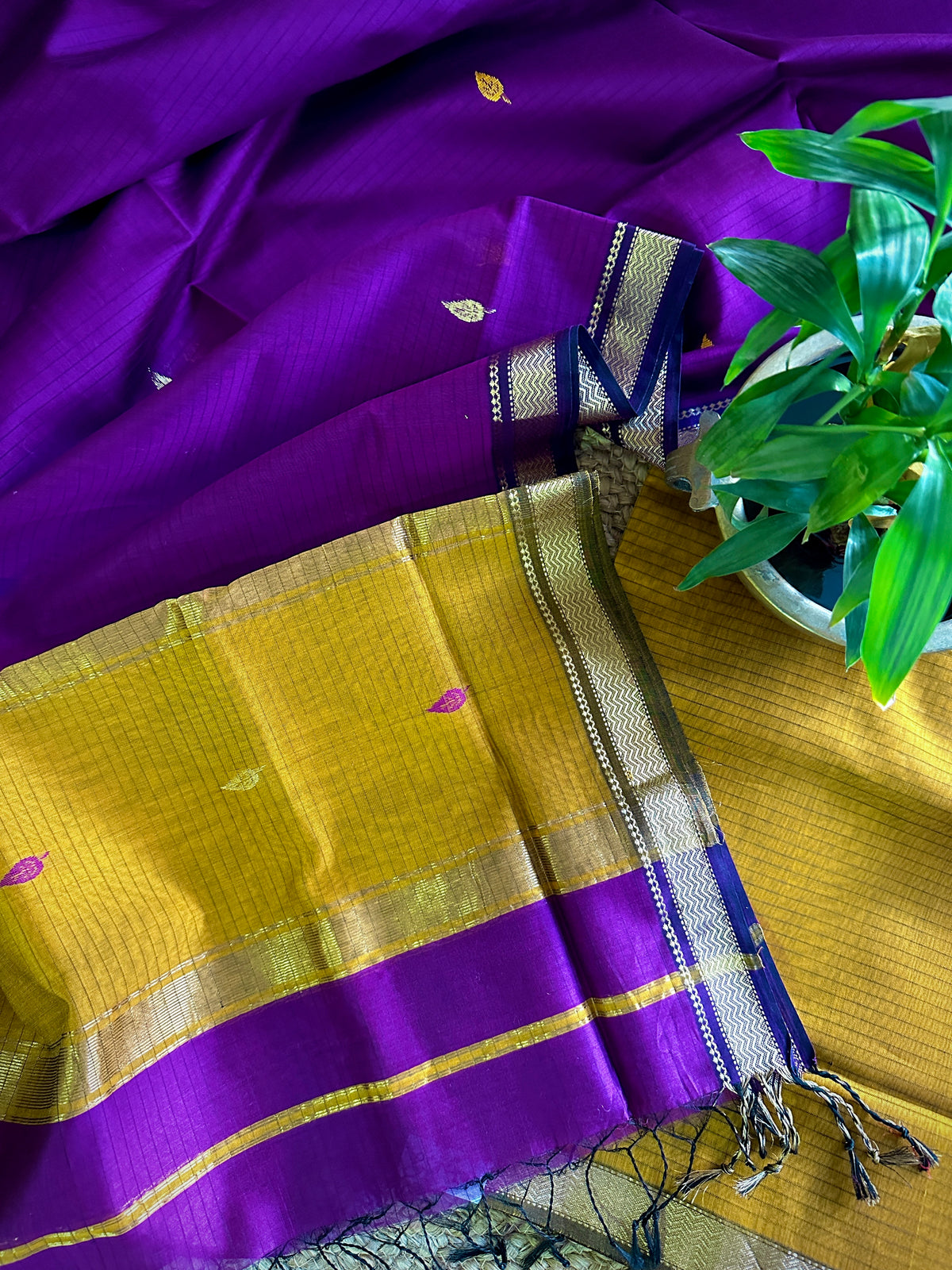 Maheshwari Mustard & Purple Motifs Top Dupatta Sets