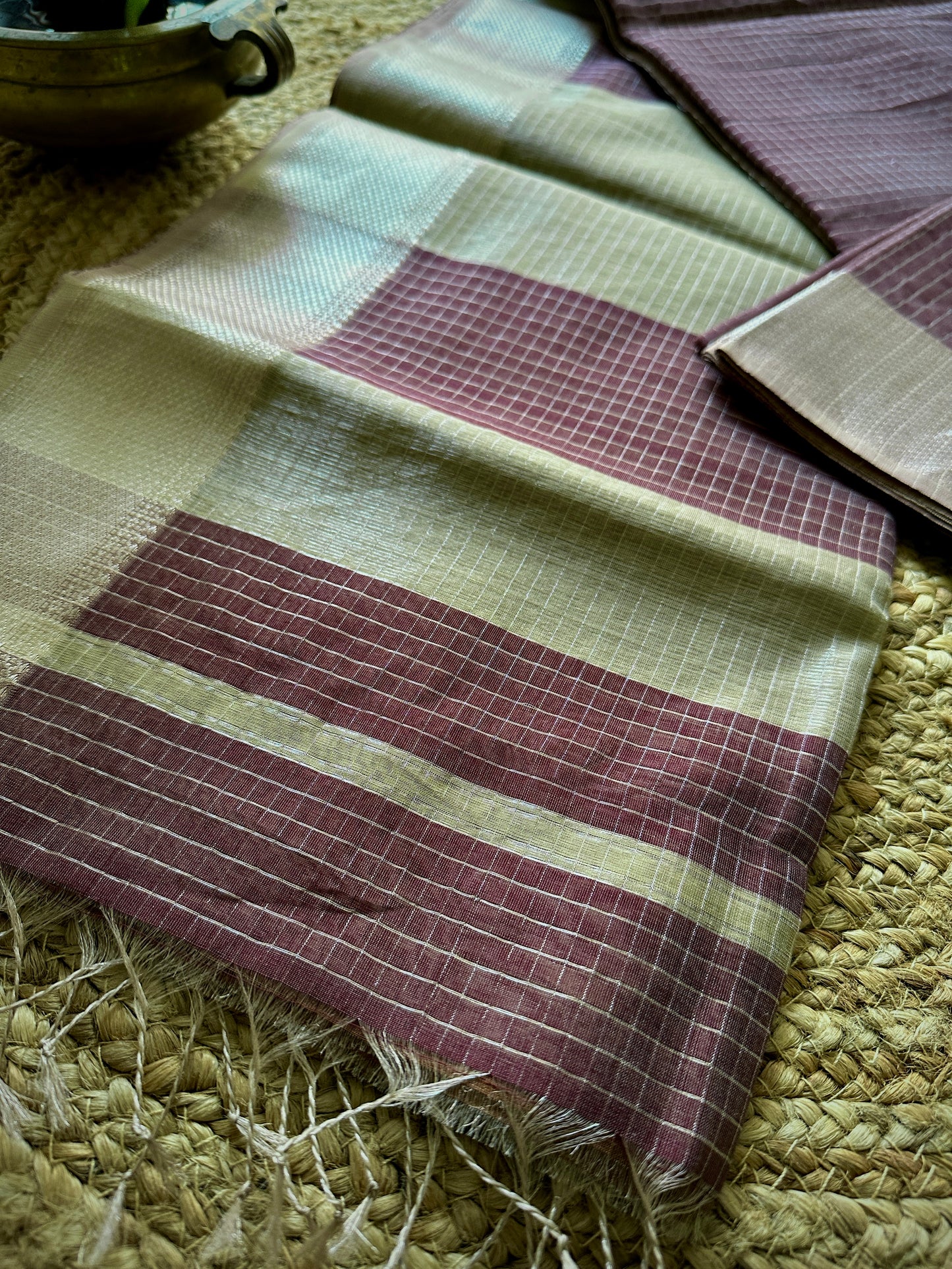 Maheshwari Wine ~ Silver Zari Checkered Silk Saree