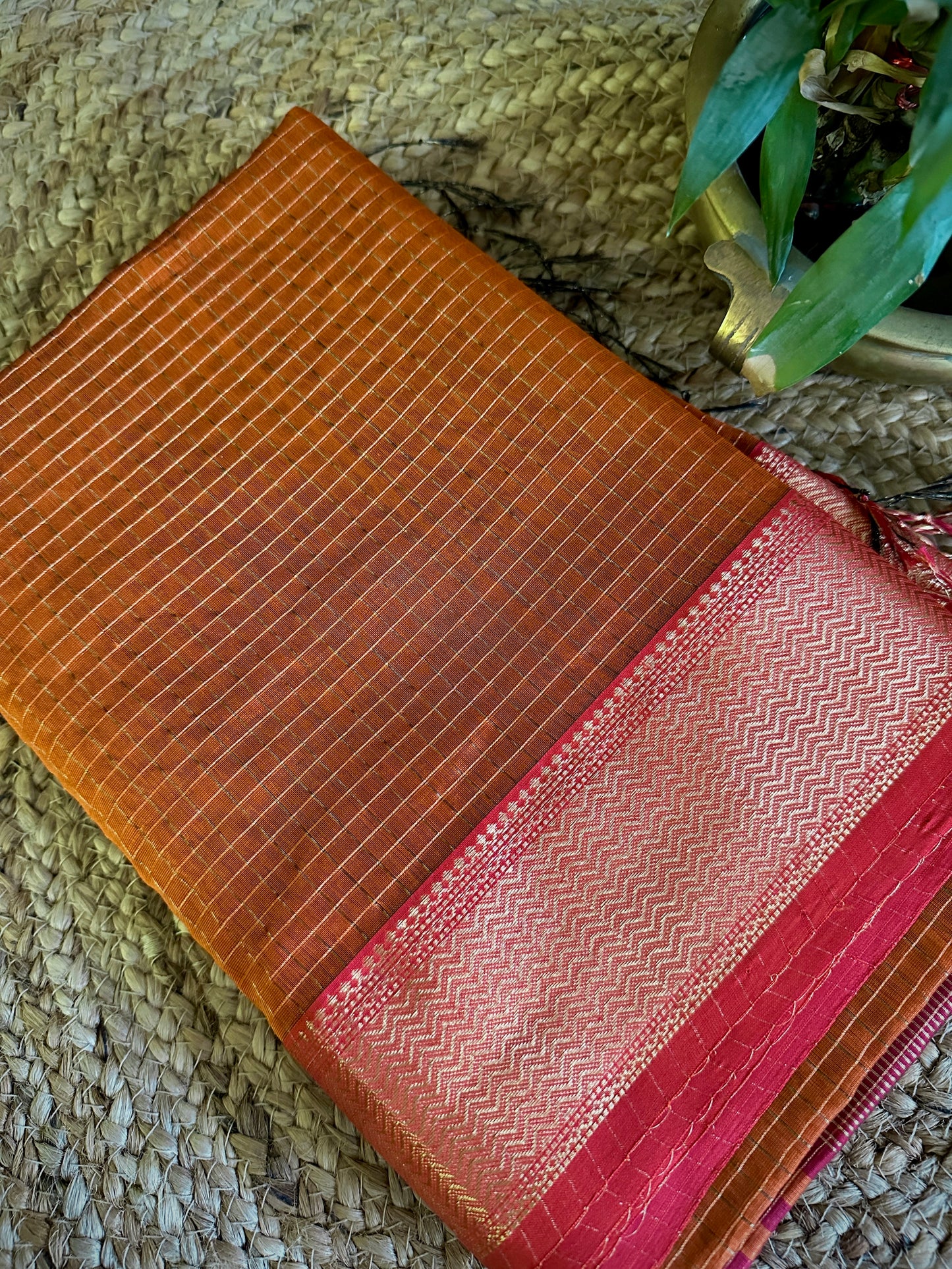 Maheshwari Rust Orange Zari Checkered Sarees