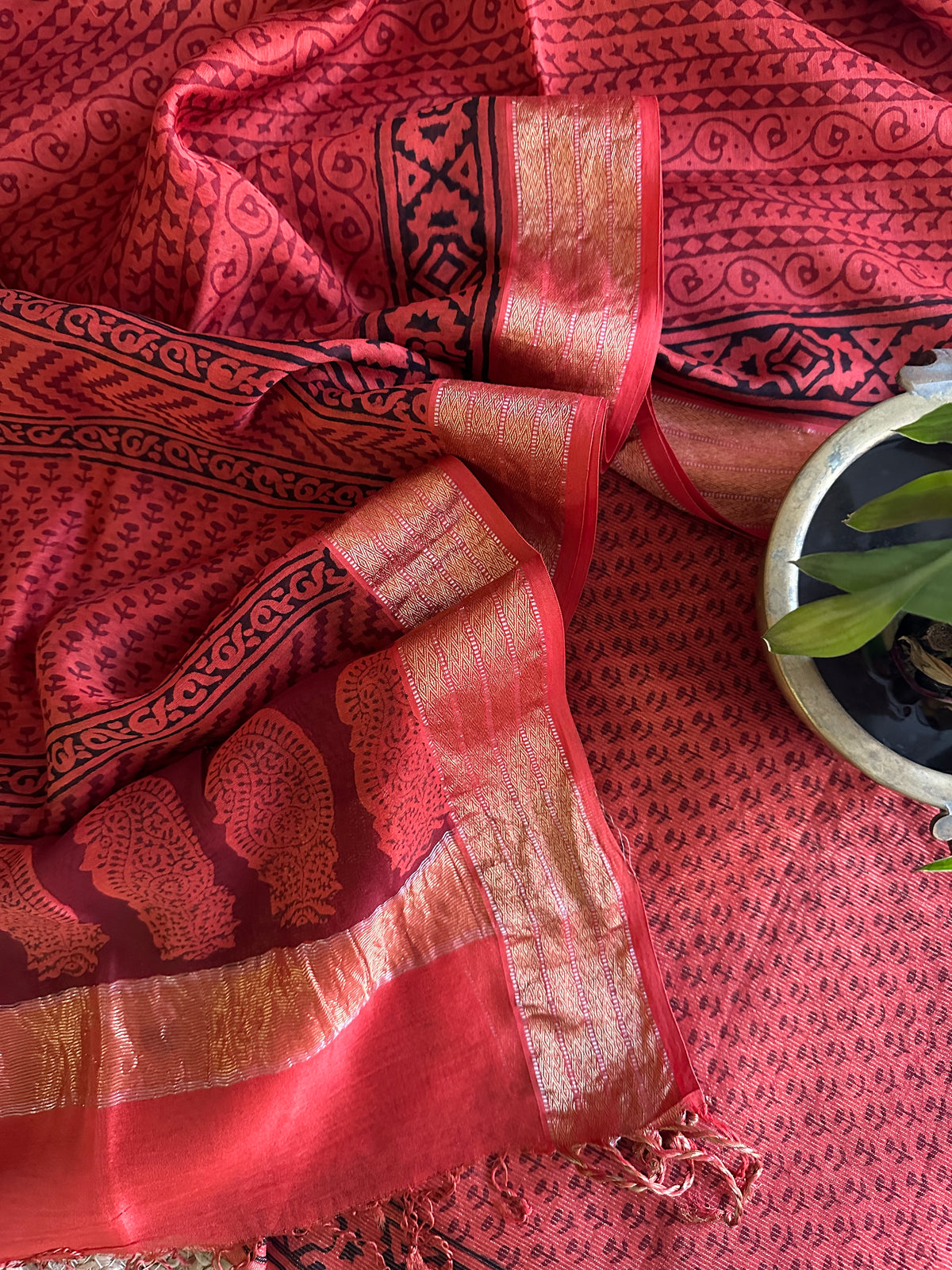 Maheshwari Tissue Rust Red Bagh Print Suit