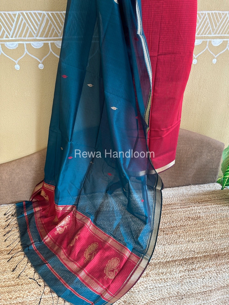 Maheshwari Red-Rama Green Peacock Buta-Buti Top-Dupatta Set BTP0236