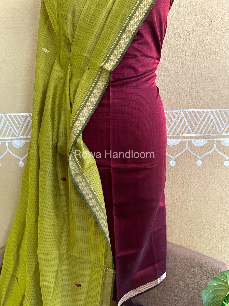 Maheshwari Maroon-Parrot Green Peacock Buta-Buti Top-Dupatta Set BTP0260