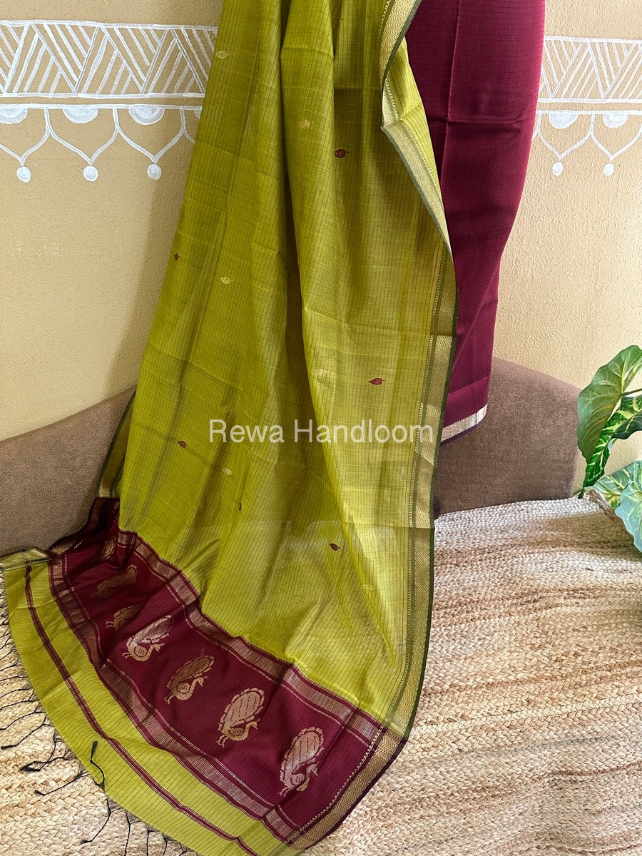 Maheshwari Maroon-Parrot Green Peacock Buta-Buti Top-Dupatta Set BTP0260