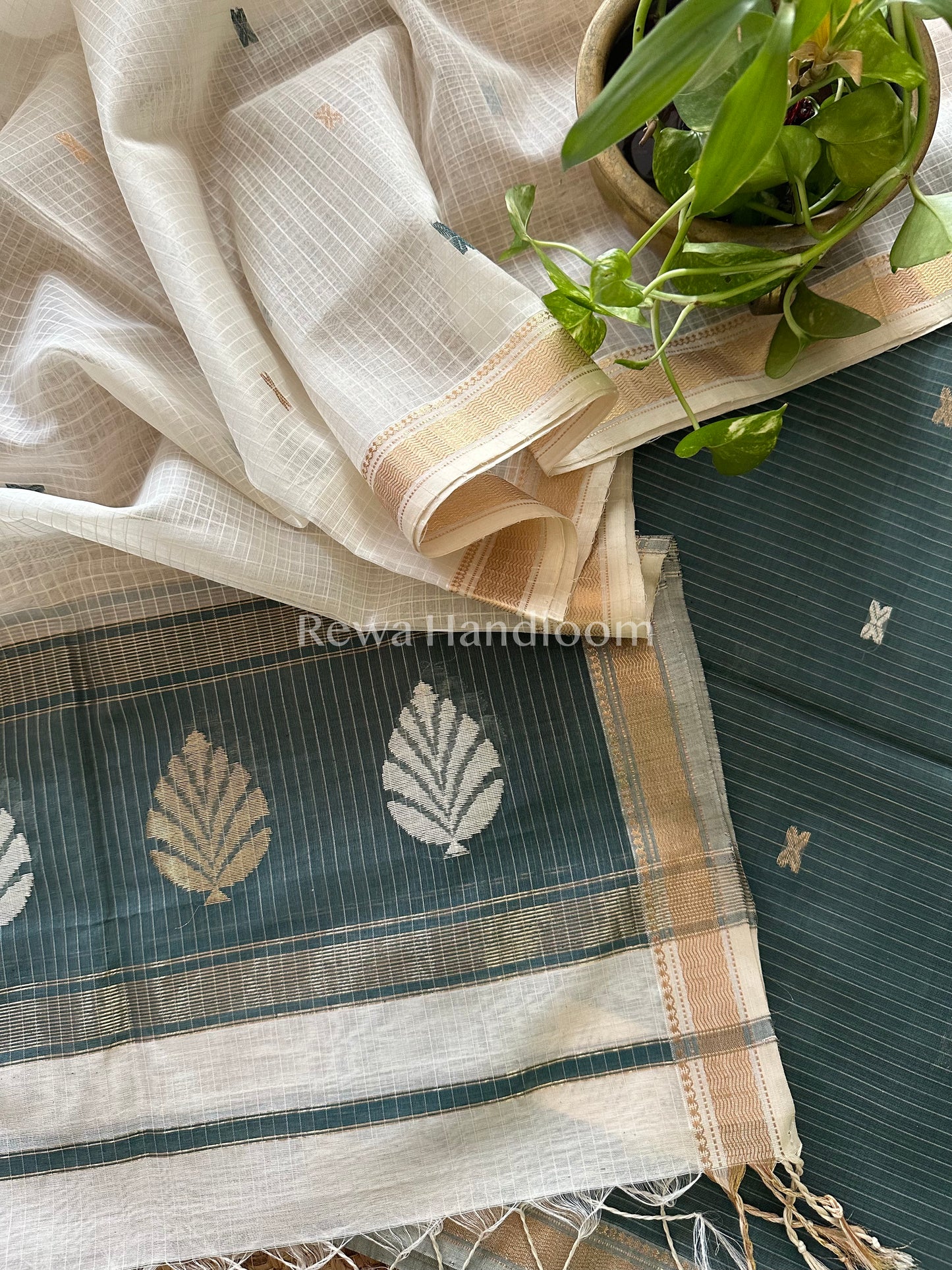 Maheshwari Dark Slate Grey- White Katan Motifs Top Dupatta Sets KBS055
