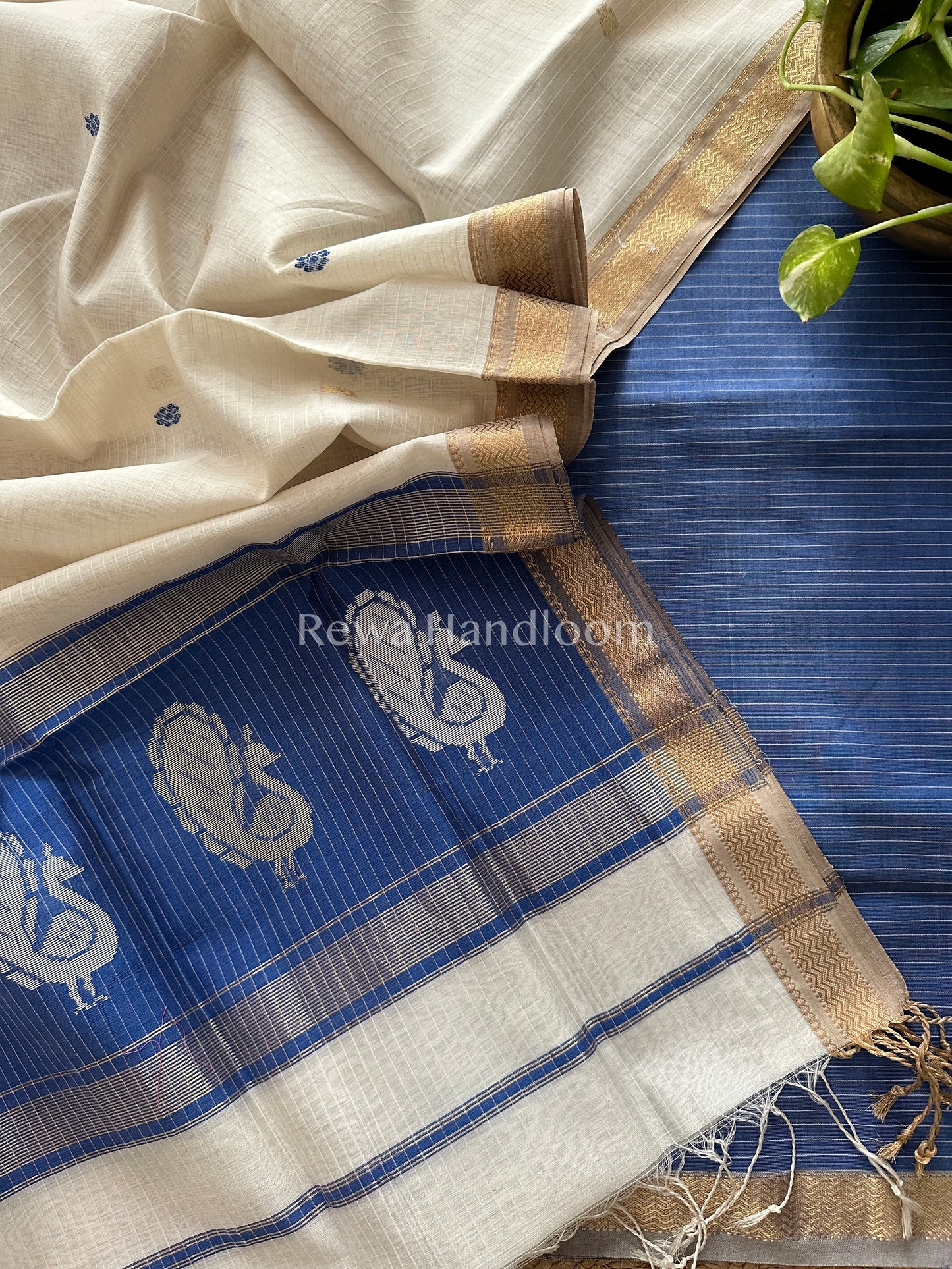 Maheshwari Blue-White Peacock Buta-Buti Top-Dupatta Set-BTP02
