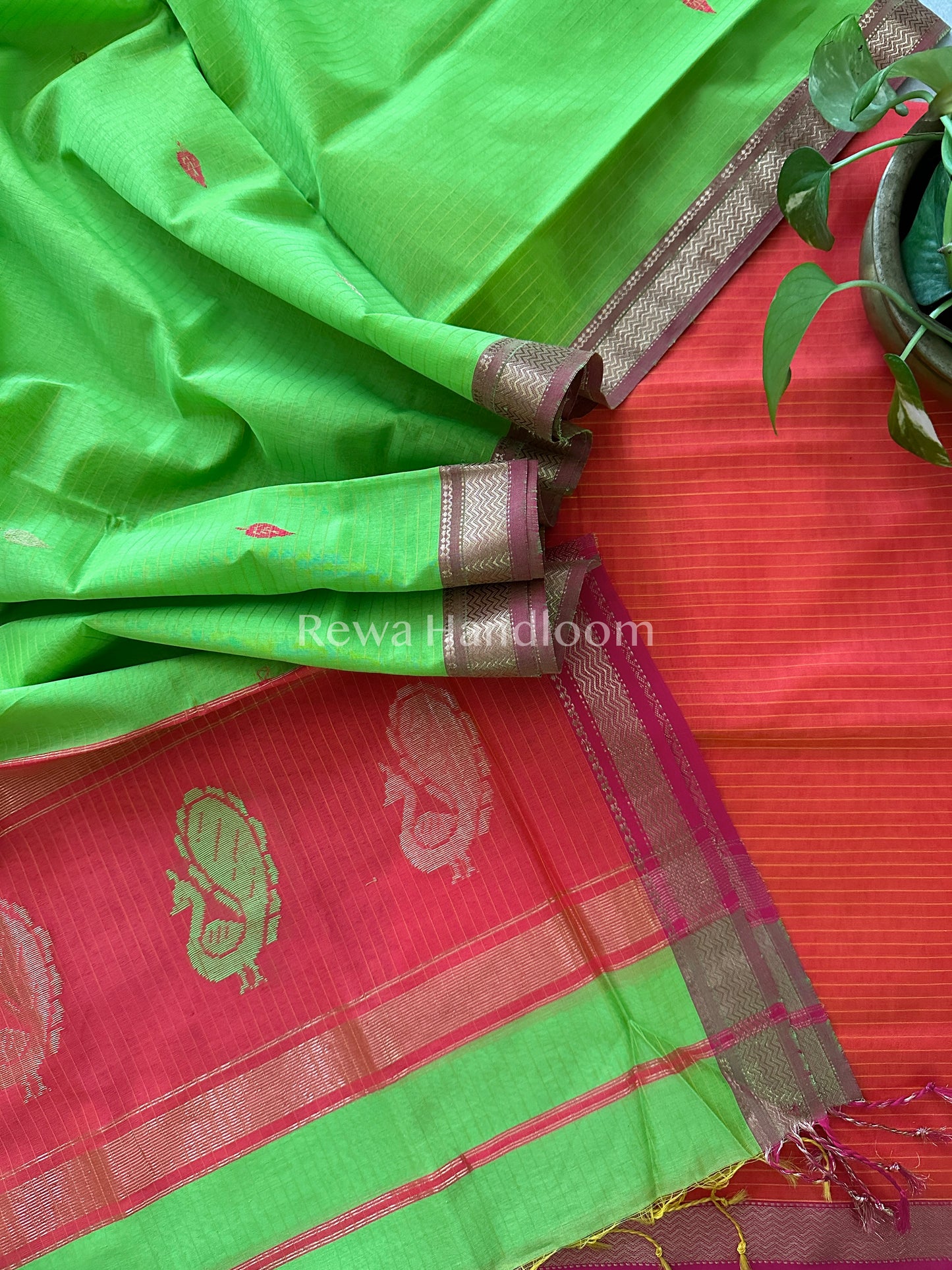 Maheshwari Orange-Parrot Green Peacock Buta-Buti Top-Dupatta Set-BTP014