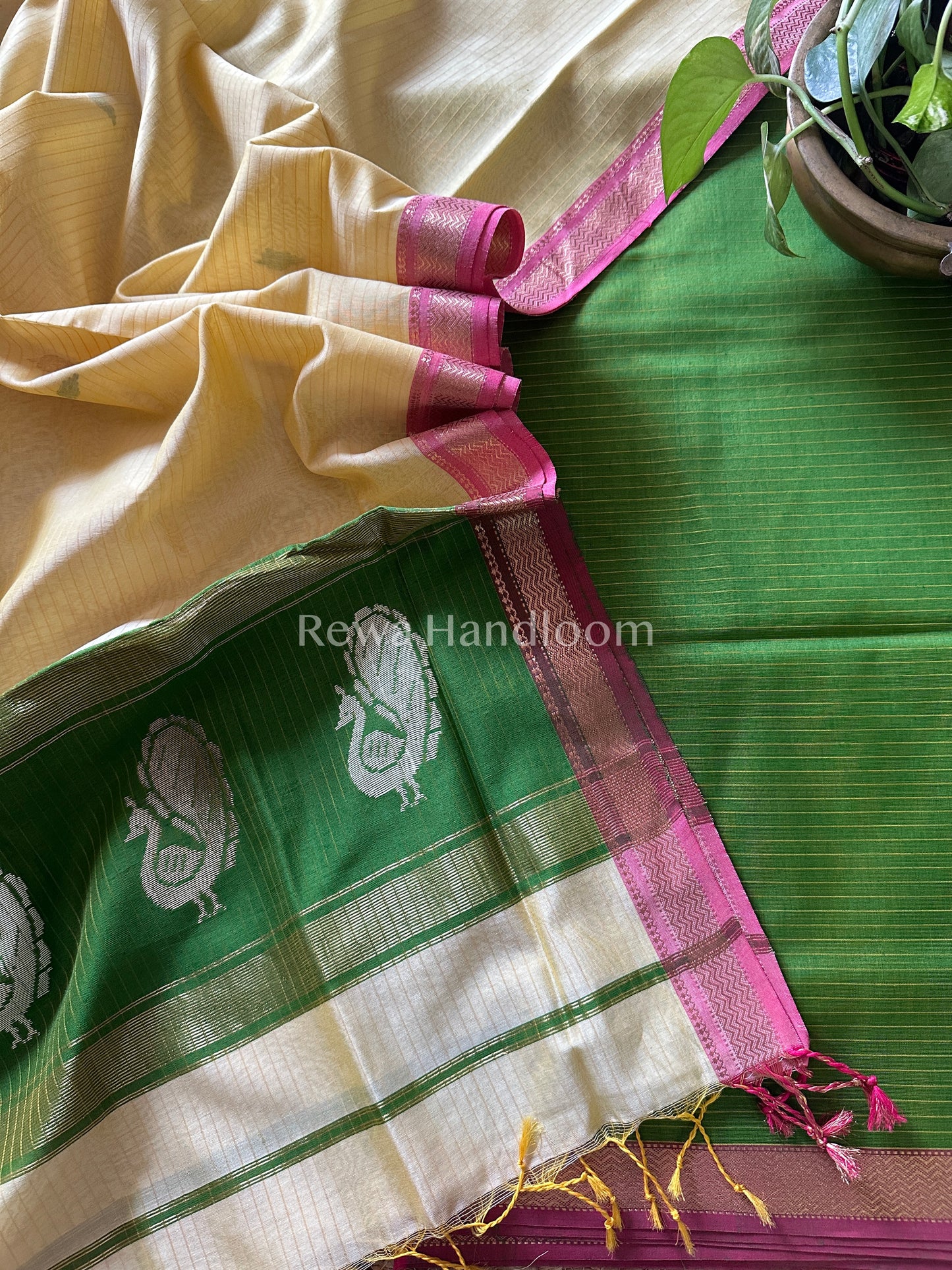 Maheshwari Green-Yellow Peacock Buta-Buti Top-Dupatta Set-BTP025