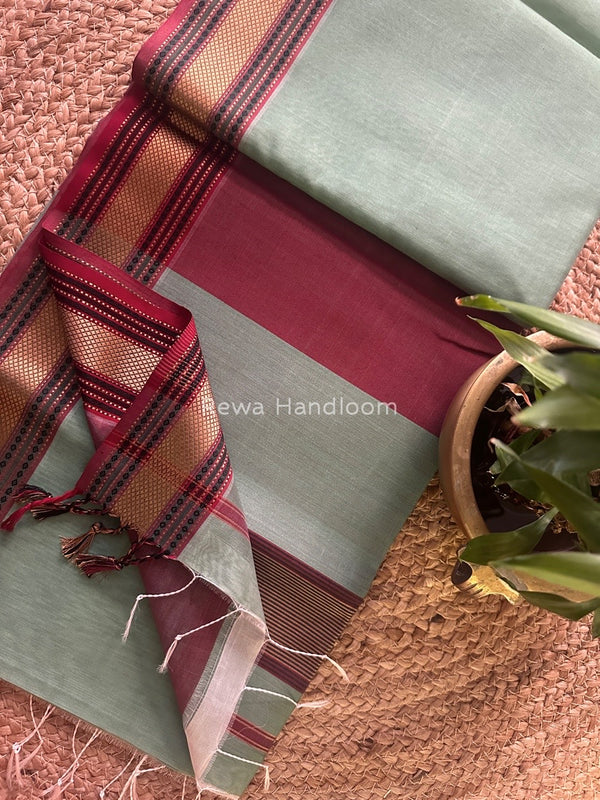 Exclusive Maheshwari Pista Green Zari Border Saree EZ02