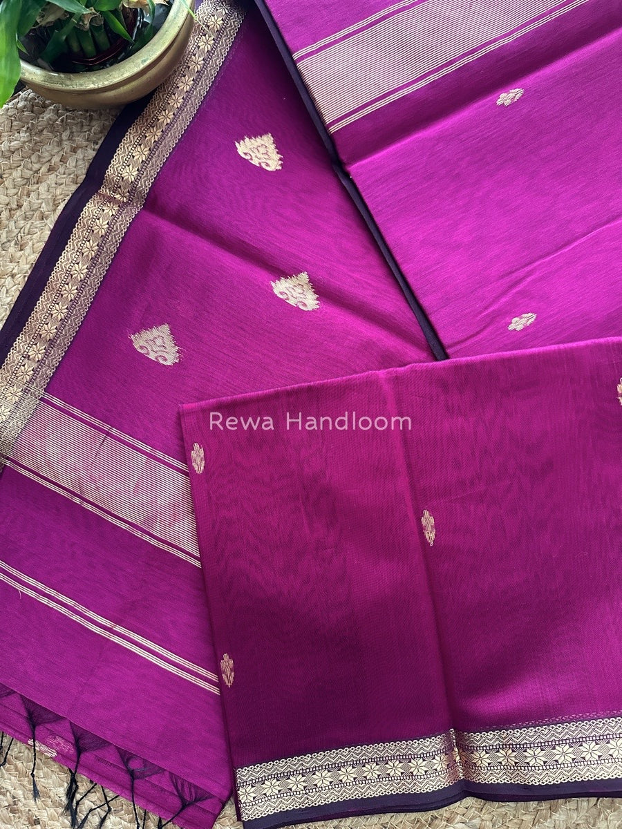 Dark Magenta Butta Pallu Zari Border Maheshwari Saree MBS010