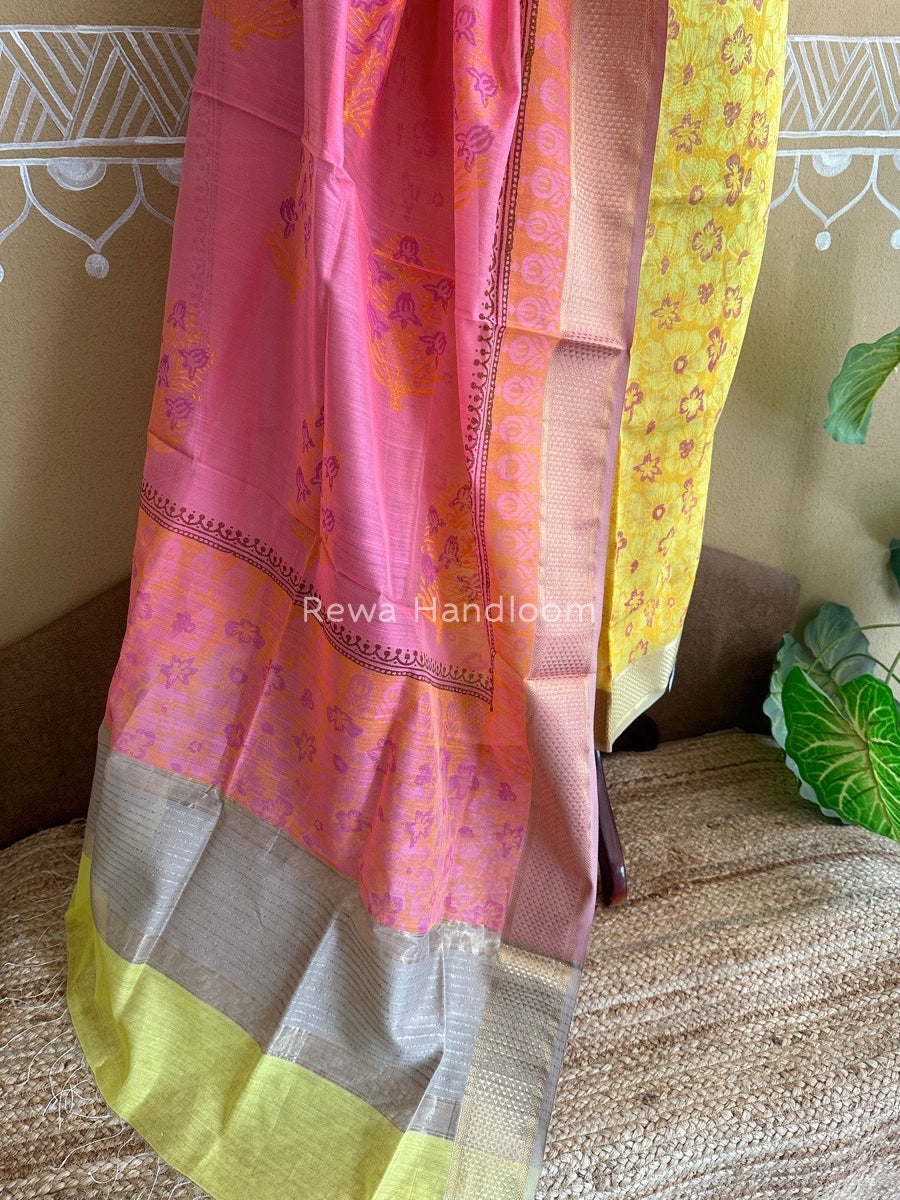 Maheshwari Yellow-Pink Handblock Print Top-Dupatta HBS053