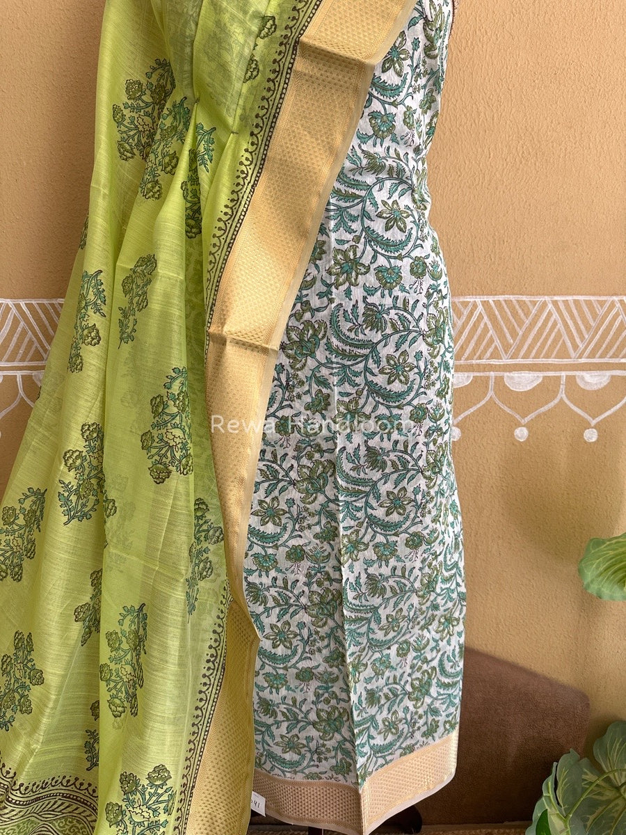 Maheshwari White-Parrot Green Handblock Print Top-Dupatta HBS032
