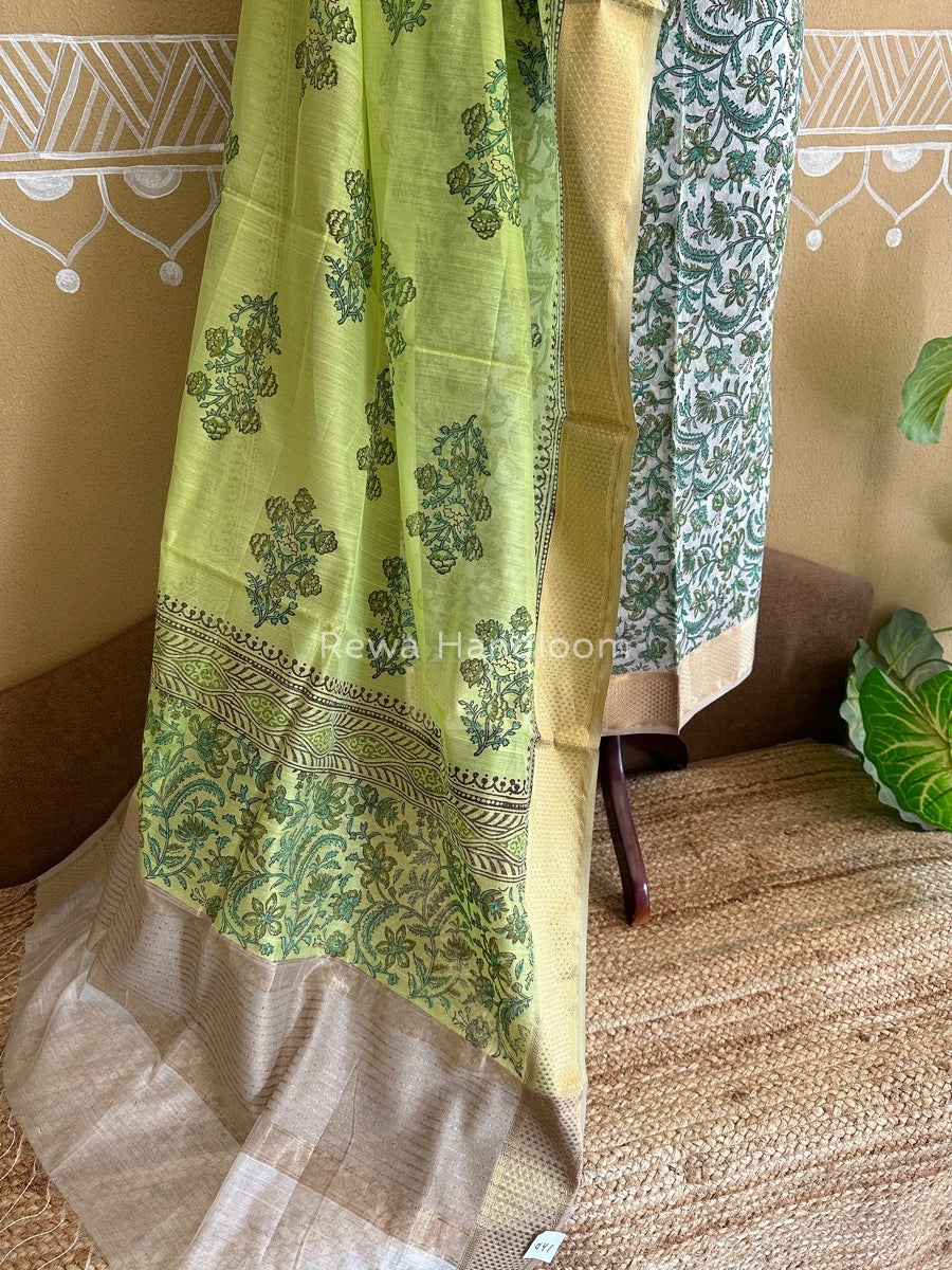 Maheshwari White-Parrot Green Handblock Print Top-Dupatta HBS032
