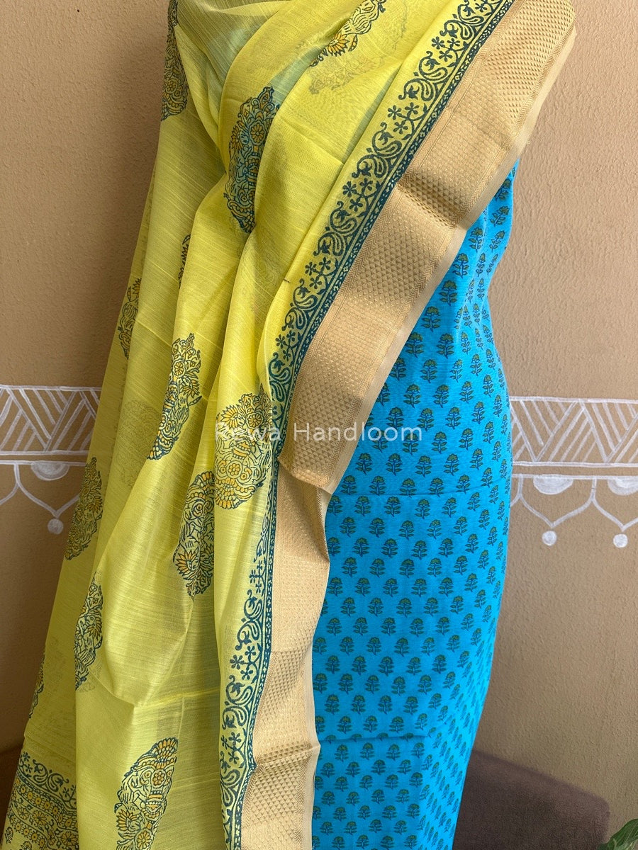 Maheshwari Sky Blue-Yellow Handblock Print Top-Dupatta HBS031