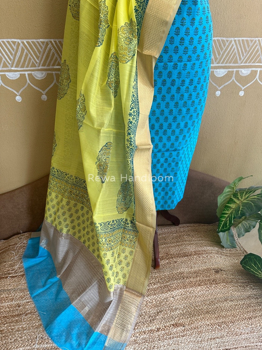 Maheshwari Sky Blue-Yellow Handblock Print Top-Dupatta HBS031