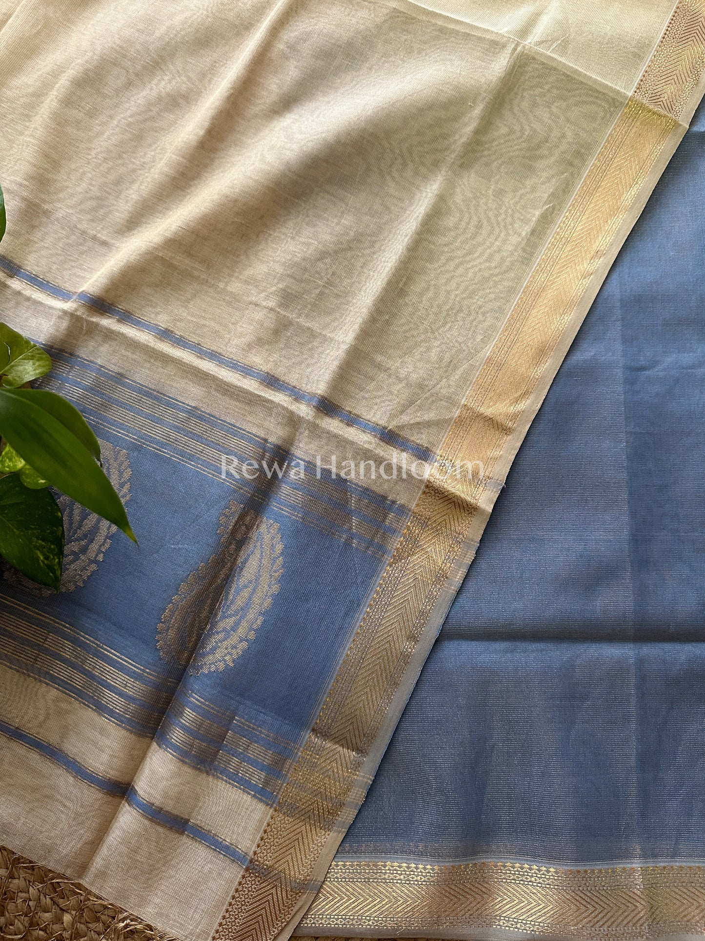 Maheshwari Blue-Beige Tissue Buta Dress Material TPT042