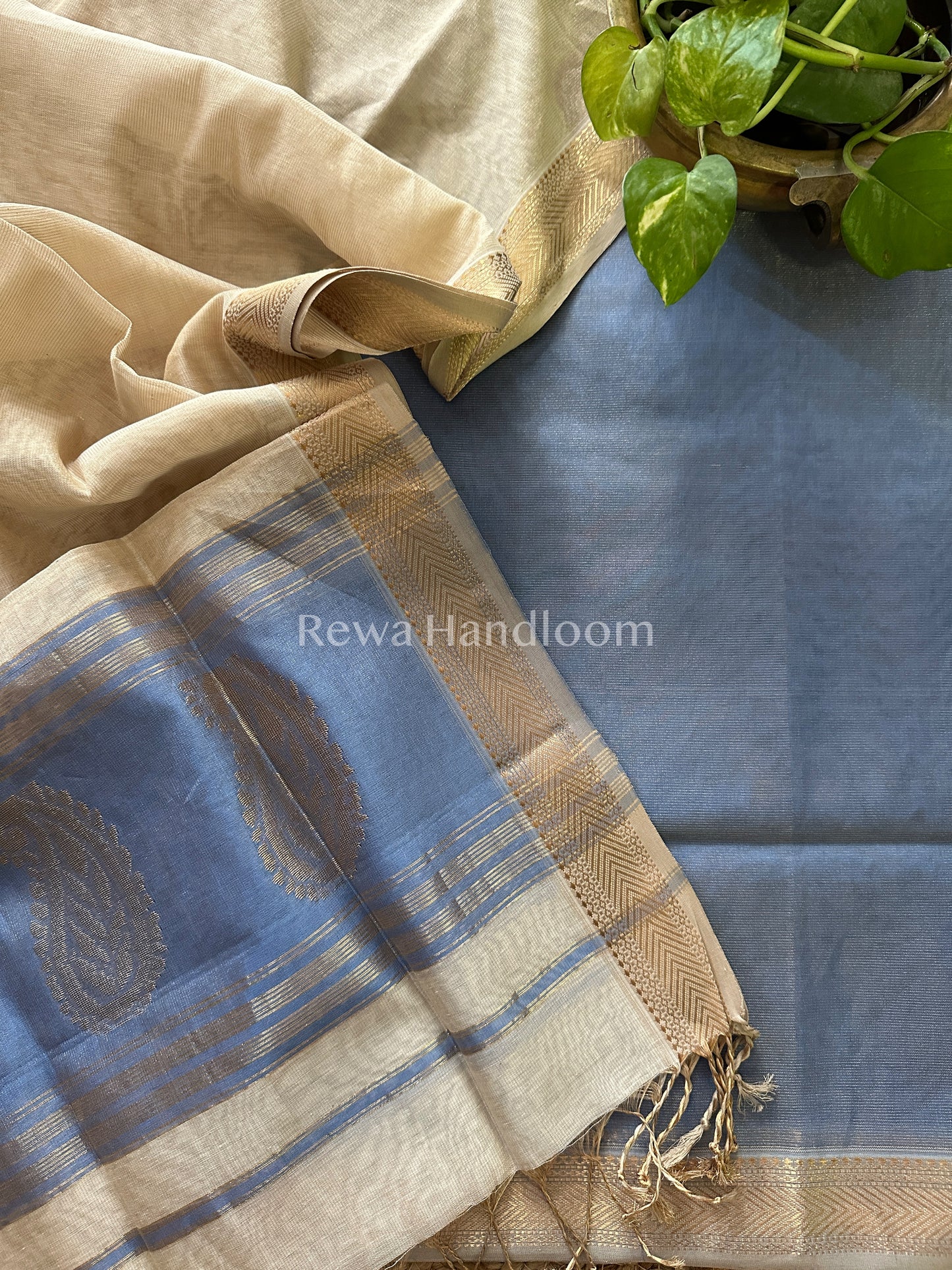 Maheshwari Blue-Beige Tissue Buta Dress Material TPT042