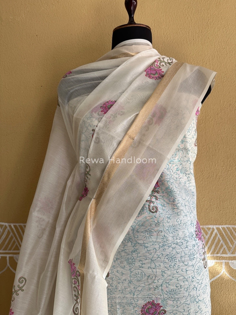 Maheshwari White Handblock Print Top-Dupatta HBS0120