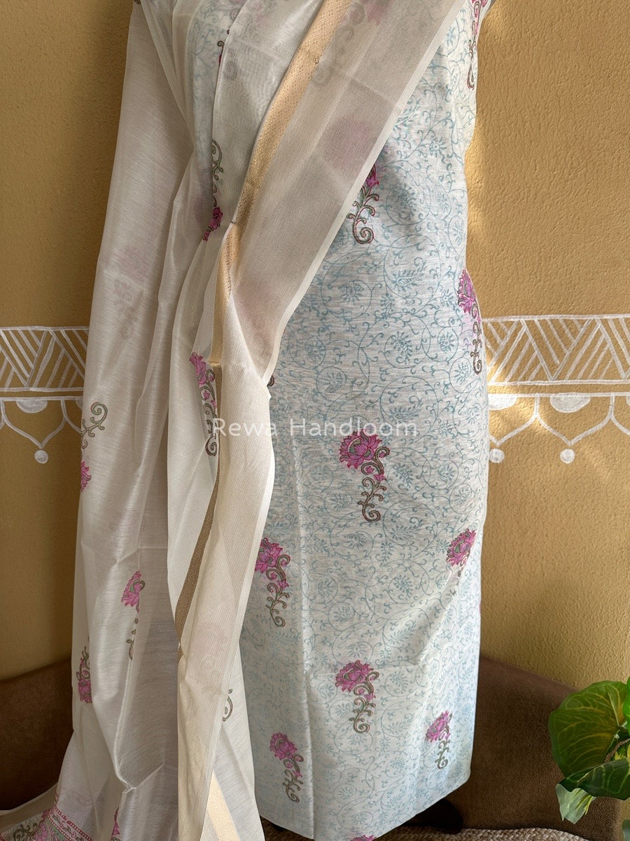 Maheshwari White Handblock Print Top-Dupatta HBS0120