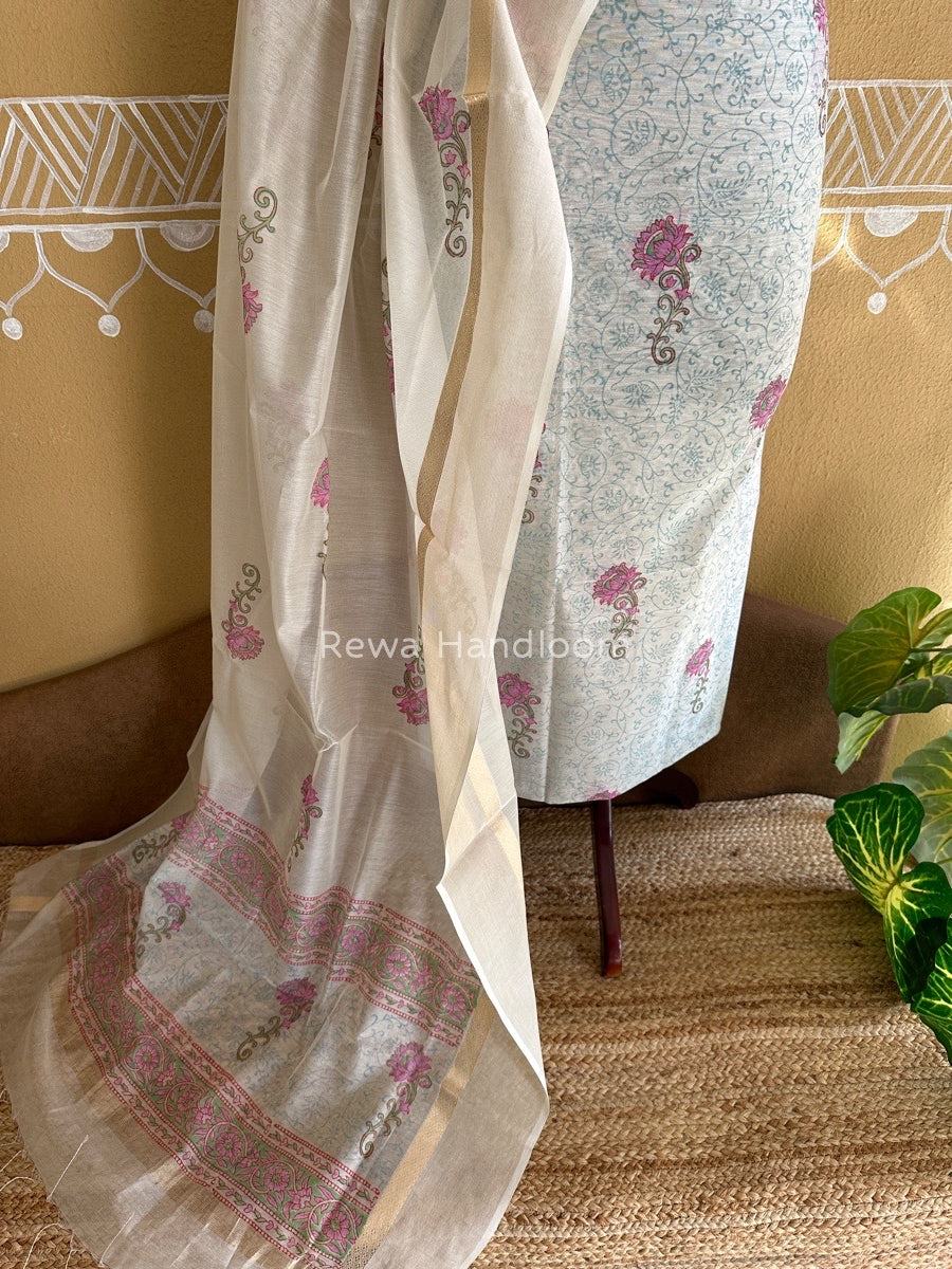 Maheshwari White Handblock Print Top-Dupatta HBS0120