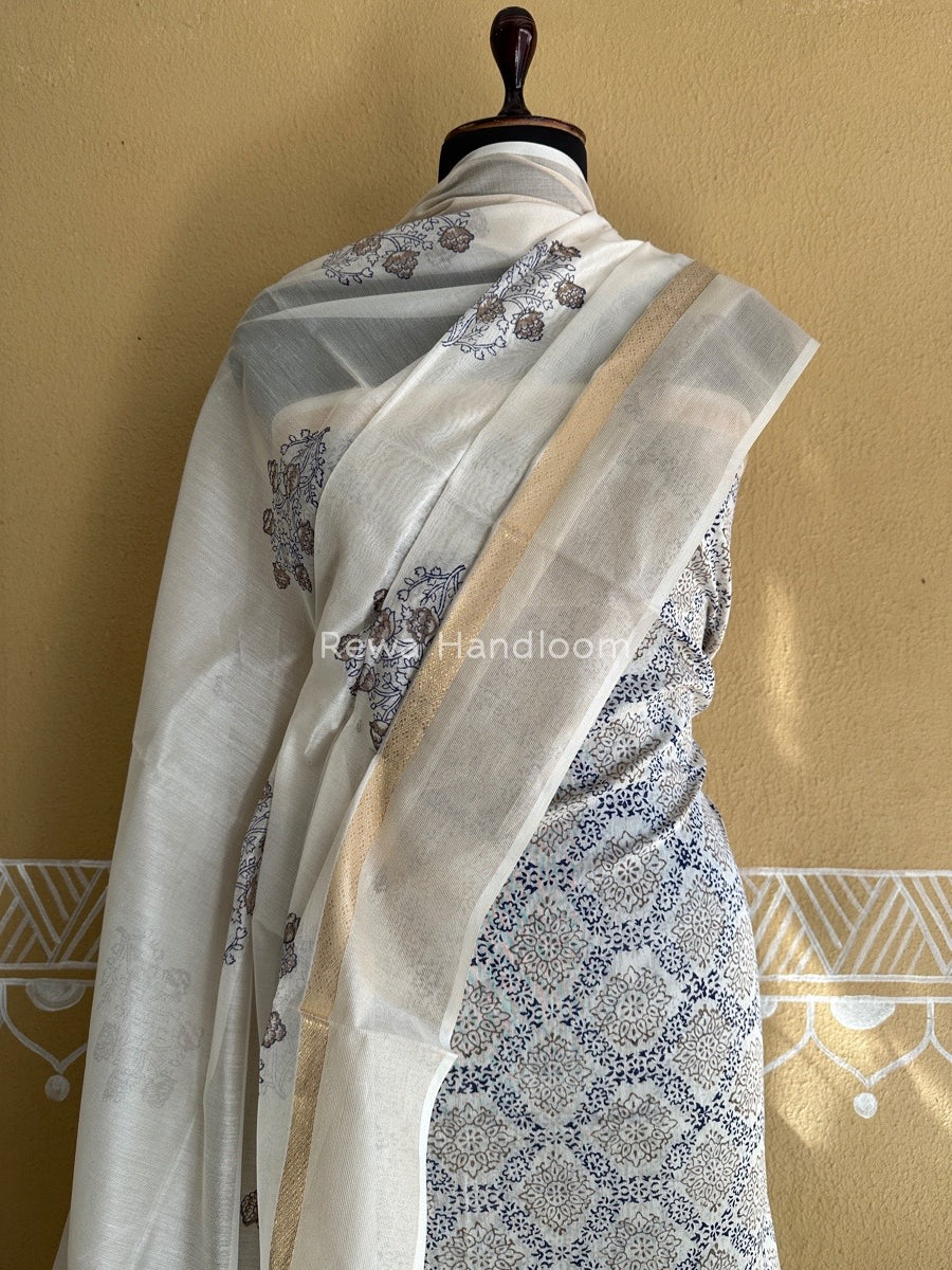 Maheshwari White Handblock Print Top-Dupatta HBS0128
