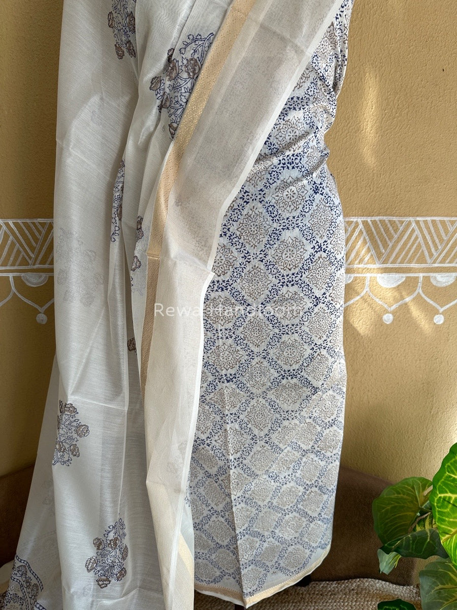 Maheshwari White Handblock Print Top-Dupatta HBS0128