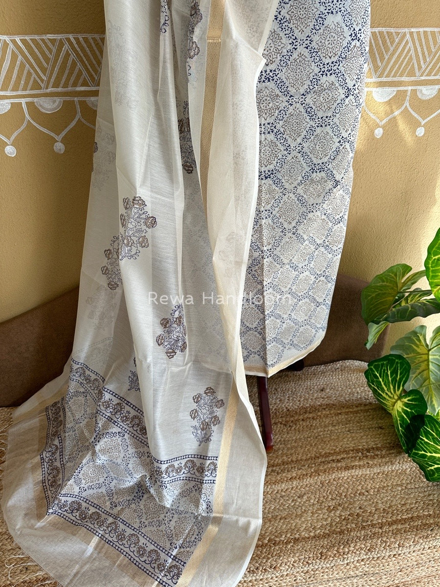 Maheshwari White Handblock Print Top-Dupatta HBS0128