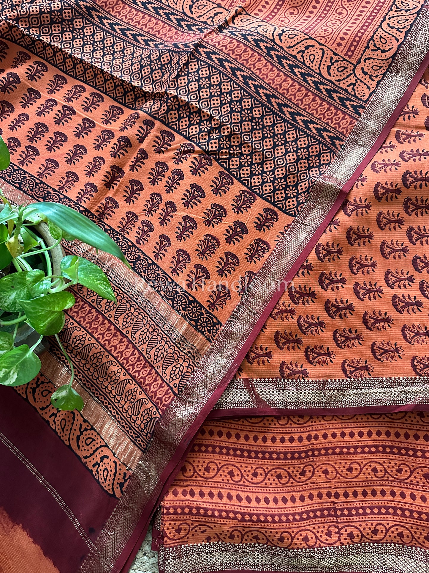 Maheshwari Peach Orange Bagh Print Suit- BSP024