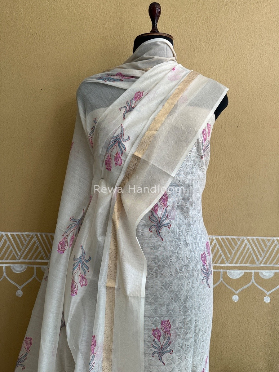 Maheshwari White Handblock Print Top-Dupatta HBS0121