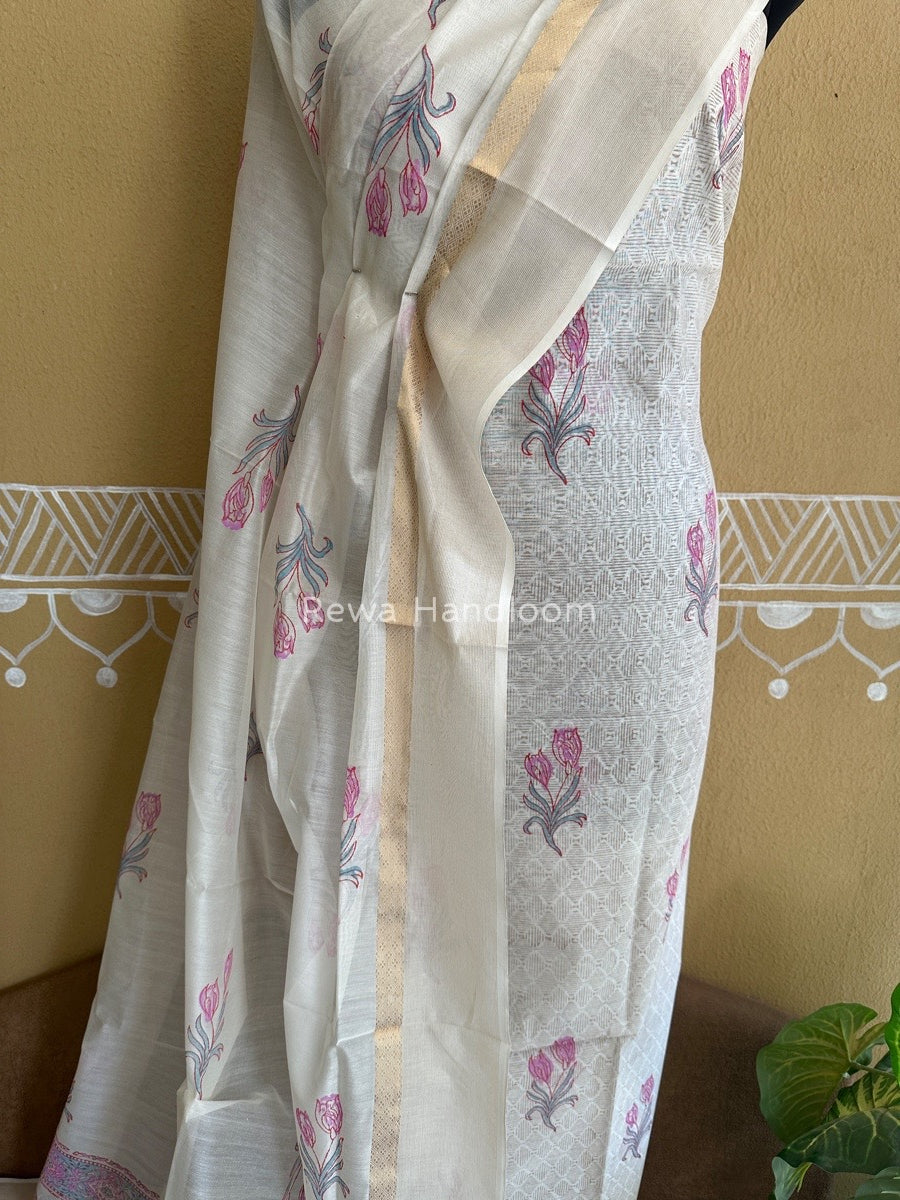 Maheshwari White Handblock Print Top-Dupatta HBS0121