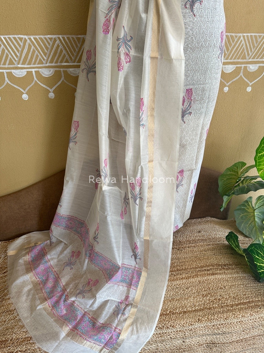 Maheshwari White Handblock Print Top-Dupatta HBS0121