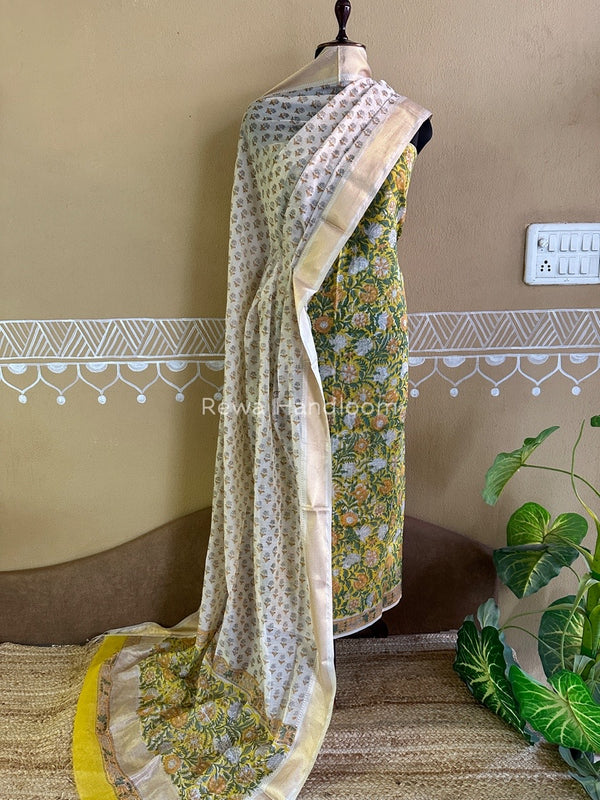 Maheshwari Handblock Tissue Top-Dupatta