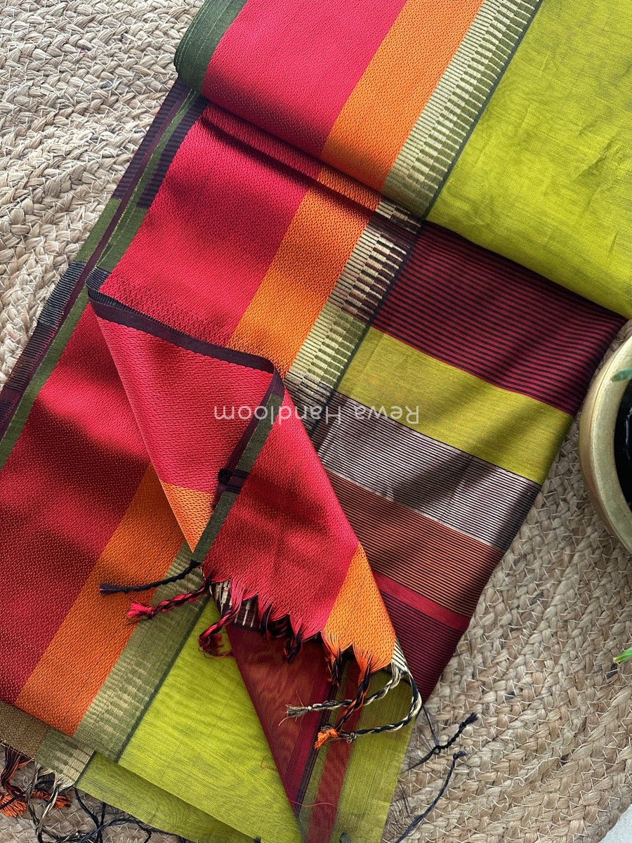 Maheshwari Mehendi Green Multicolor Border Saree MB00504