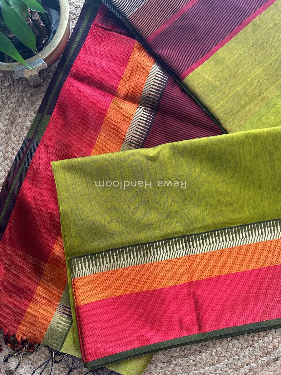 Maheshwari Mehendi Green Multicolor Border Saree MB00504
