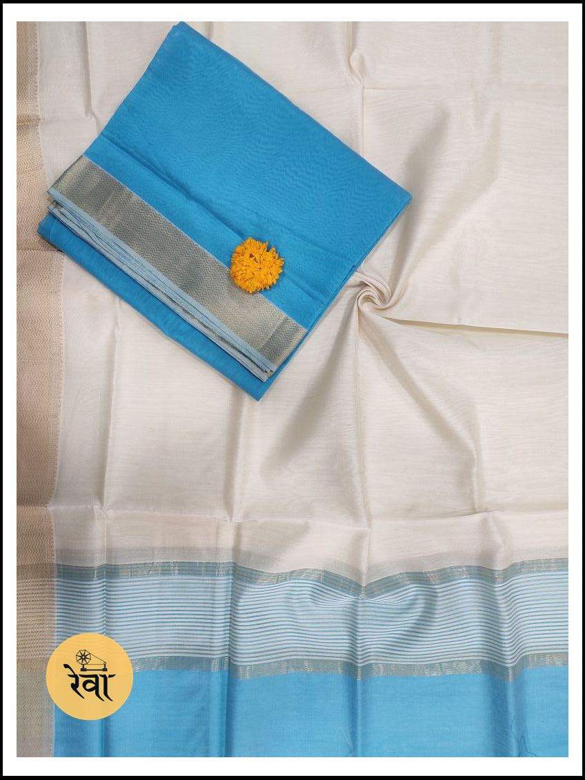 Maheshwari Sea Blue-White Zari Border Dress Material